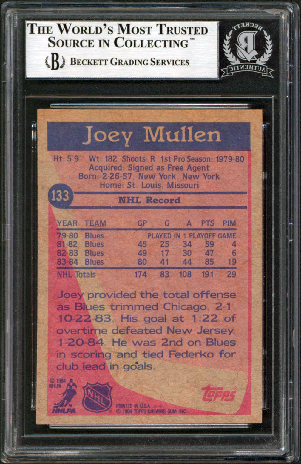 Blues Joe Mullen Authentic Signed 1984 Topps #133 Card Autographed BAS Slabbed