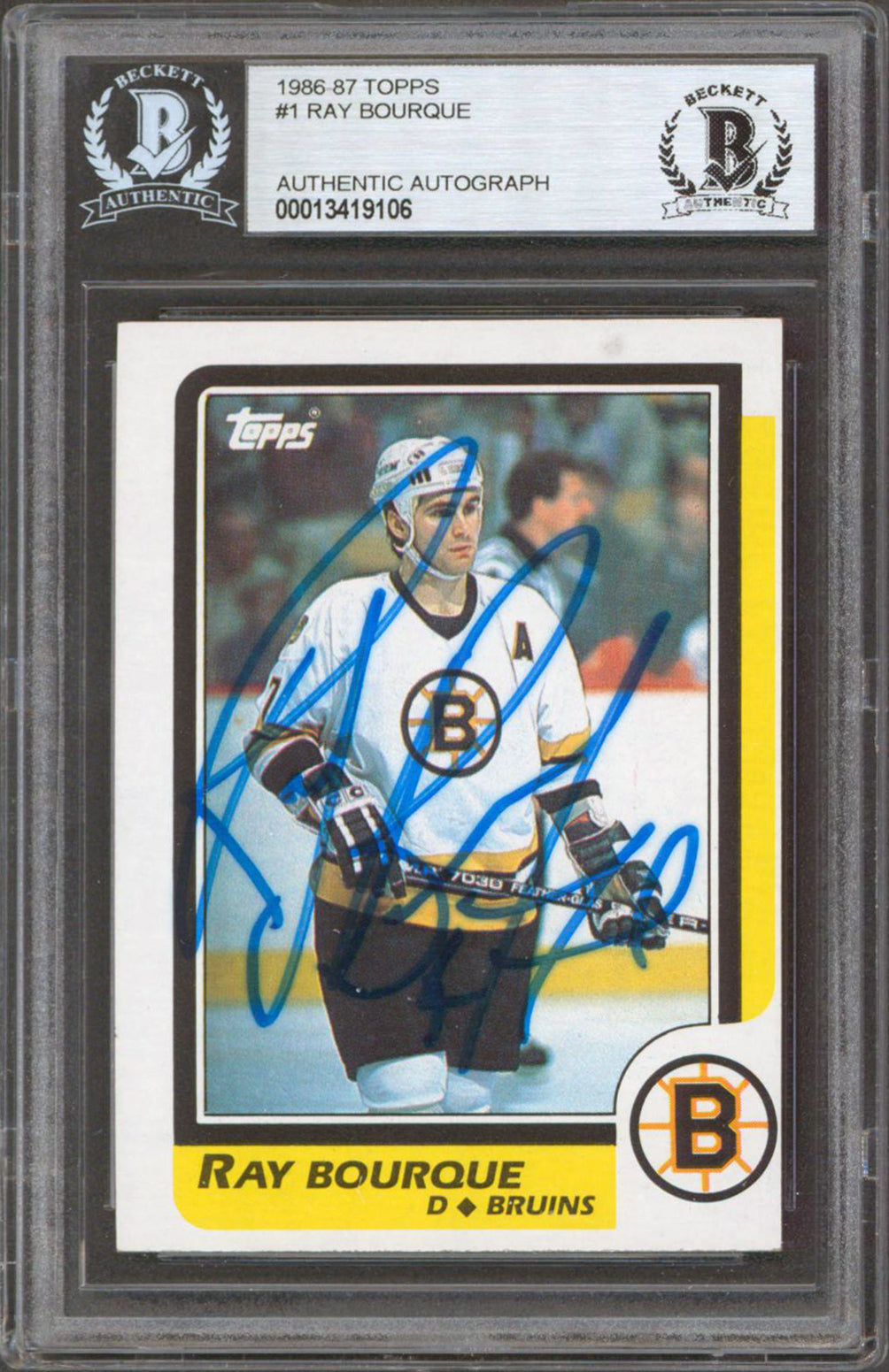 Bruins Ray Bourque Authentic Signed 1986 Topps #1 Card Autographed BAS Slabbed
