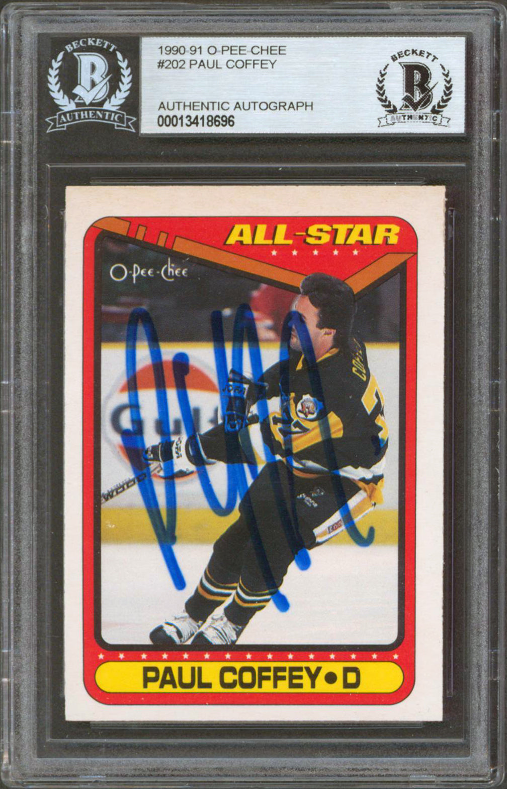 Penguins Paul Coffey Authentic Signed 1990 O-Pee-Chee #202 Card BAS Slabbed