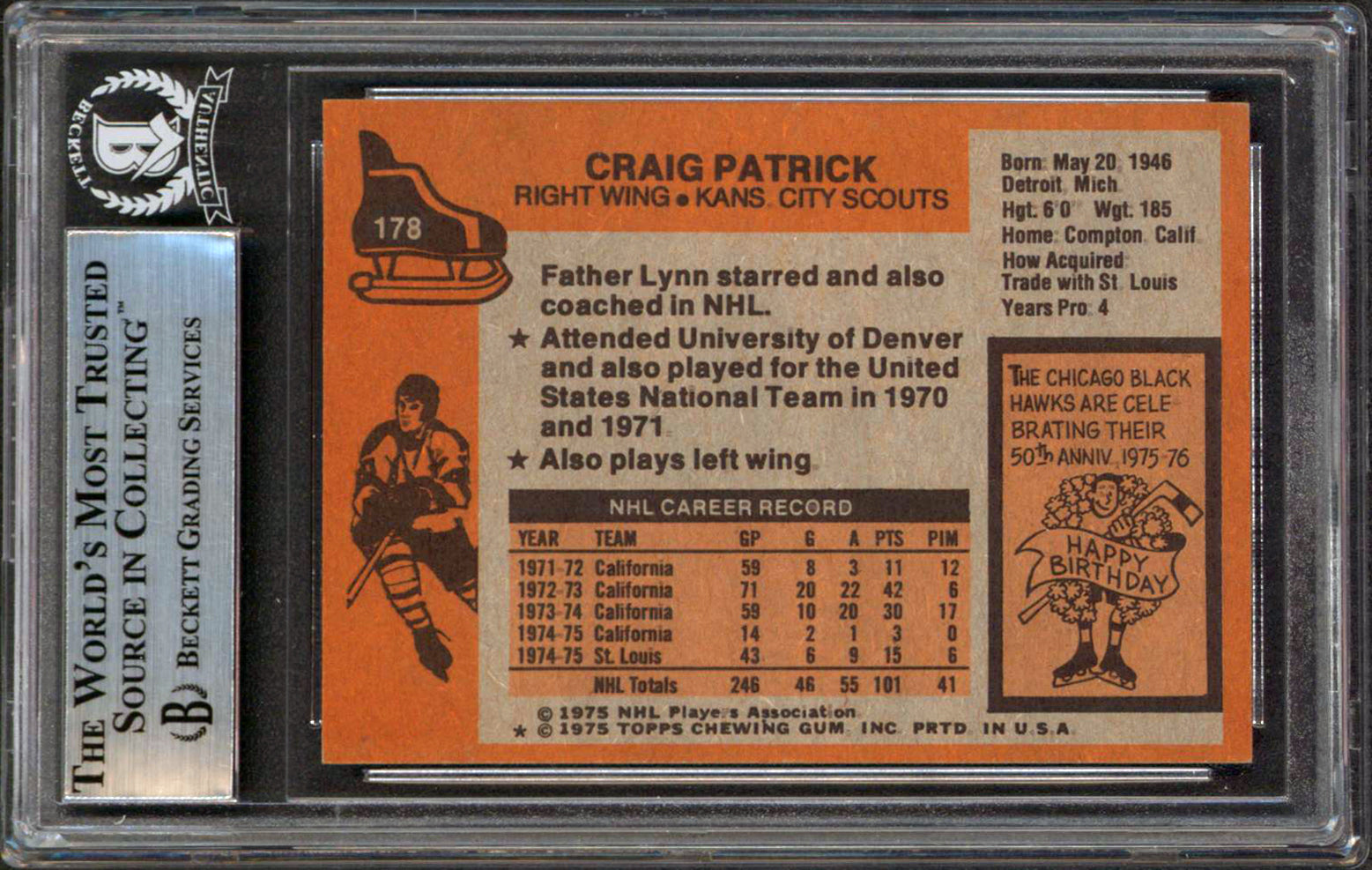 Capitals Craig Patrick Authentic Signed 1975 Topps #178 Card BAS Slabbed