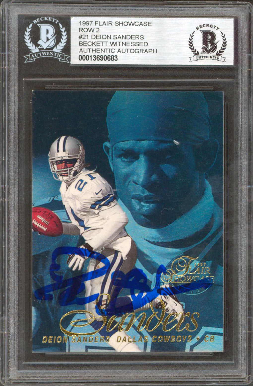 Cowboys Deion Sanders Signed 1997 Flair Showcase Row 2 #21 Card BAS Slabbed