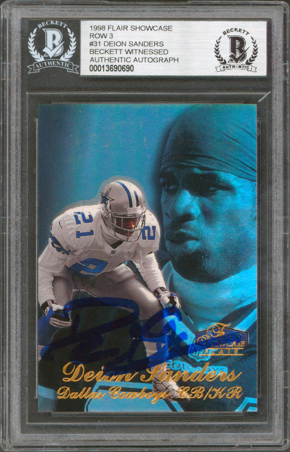 Cowboys Deion Sanders Signed 1998 Flair Showcase Row 3 #31 Card BAS Slabbed