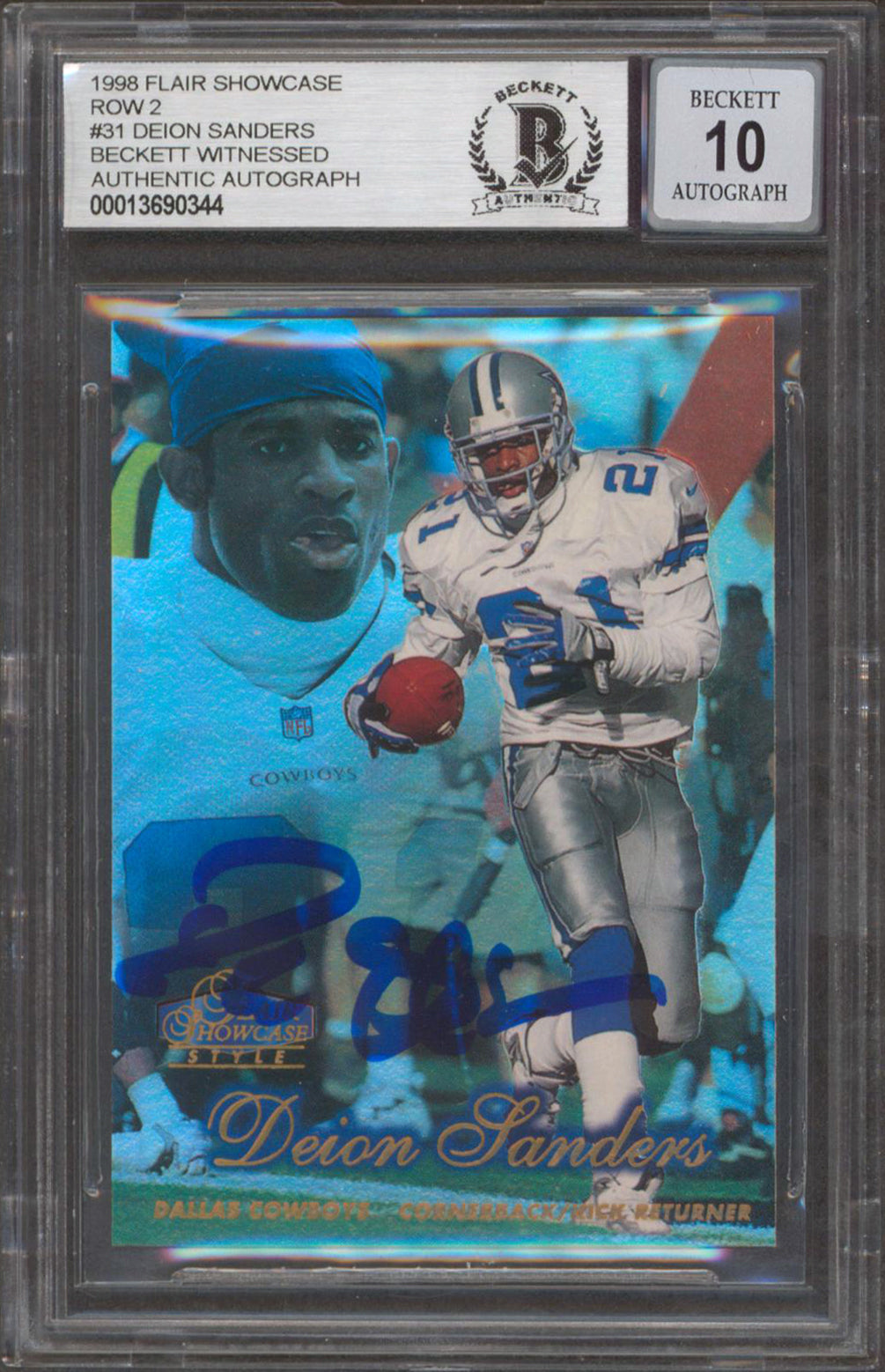 Cowboys Deion Sanders Signed 1998 Flair Showcase R2 #31 Card Auto 10! BAS Slab