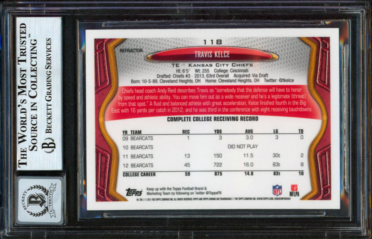 Travis Kelce Signed 2013 Topps Chrome Orange Refractors #118 RC Auto 10 BAS Slab
