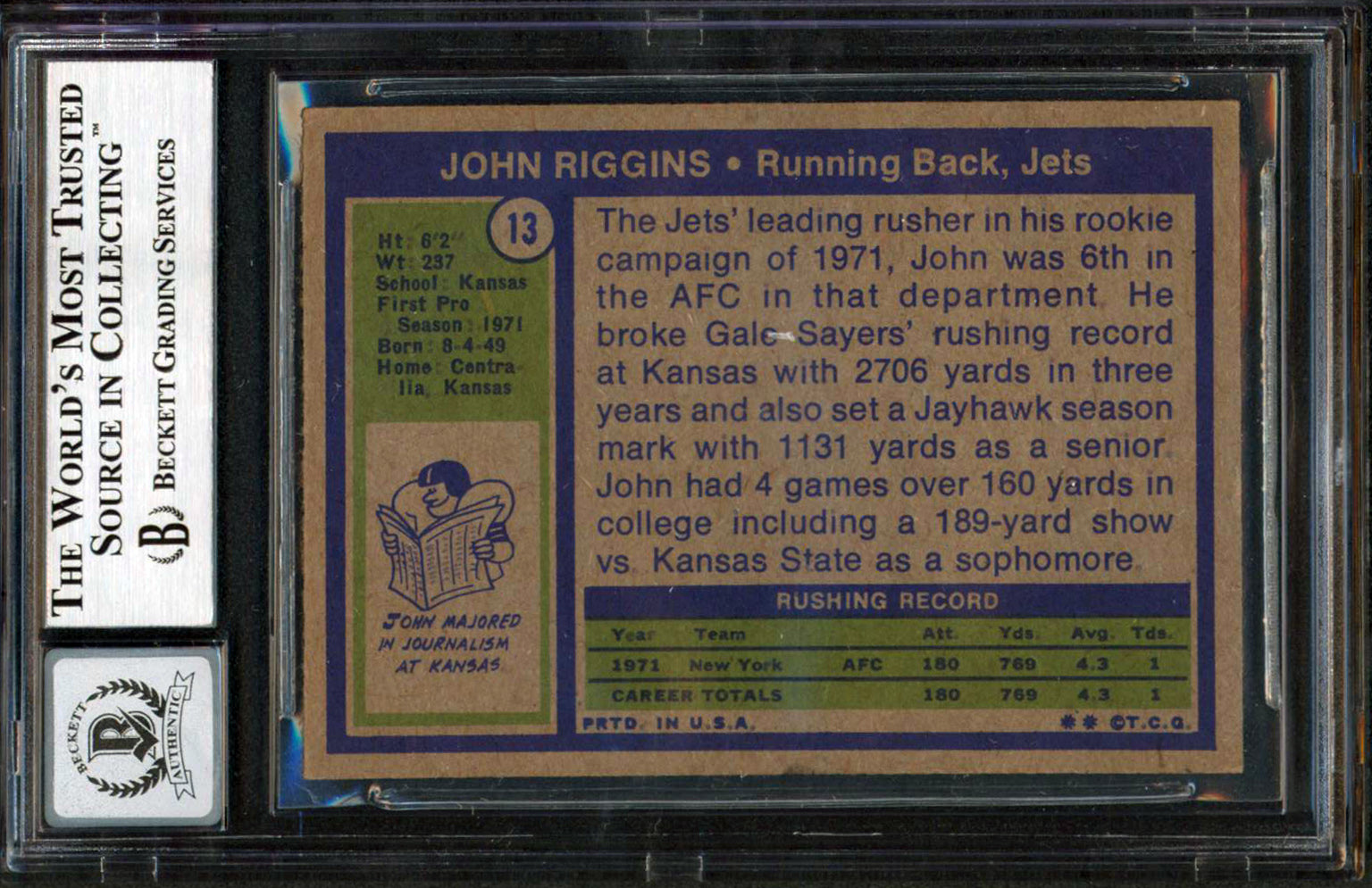 Jets John Riggins Signed 1972 Topps #13 Rookie Card Auto Graded 10! BAS Slabbed