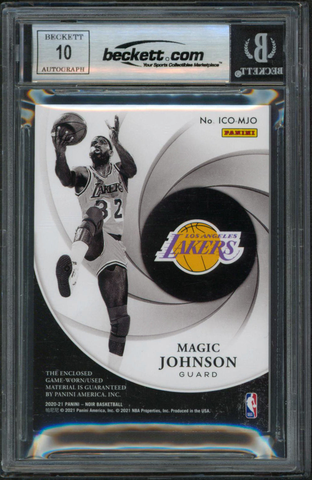 Lakers Magic Johnson Signed 2020 Panini Noir Icons Mem #2 Card Auto 10! BAS Slab