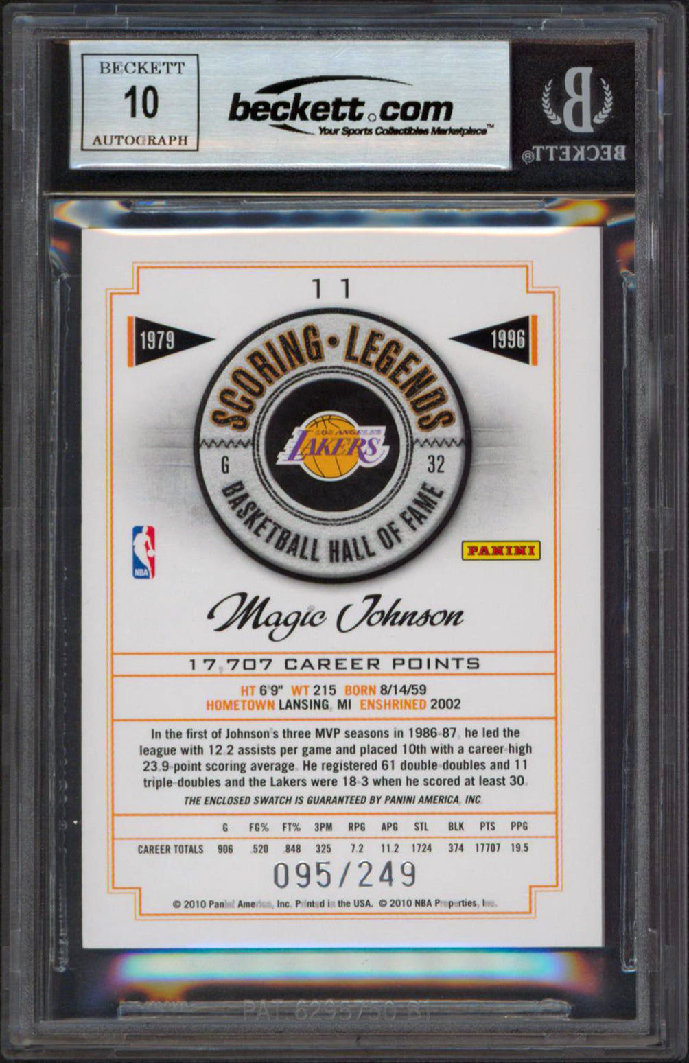 Lakers Magic Johnson Signed 2009 HOF SL Game Threads #11 Card Auto 10! BAS Slab