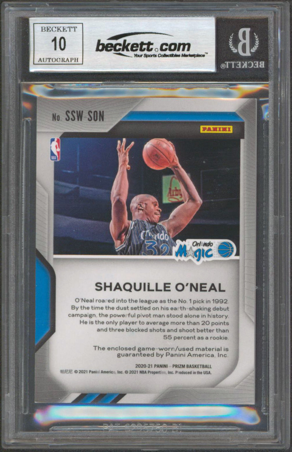 Shaquille O'Neal Signed 2020 Panini Prizm Swatches #14 Card Auto 10! BAS Slabbed
