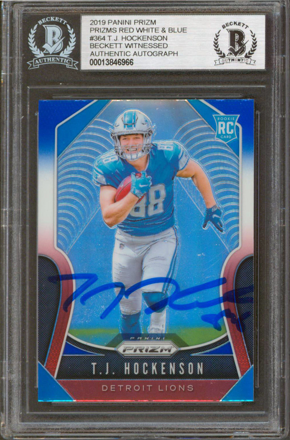 Lions T.J. Hockenson Signed 2019 Panini Prizm Prizms RW&B #364 RC BAS Slabbed