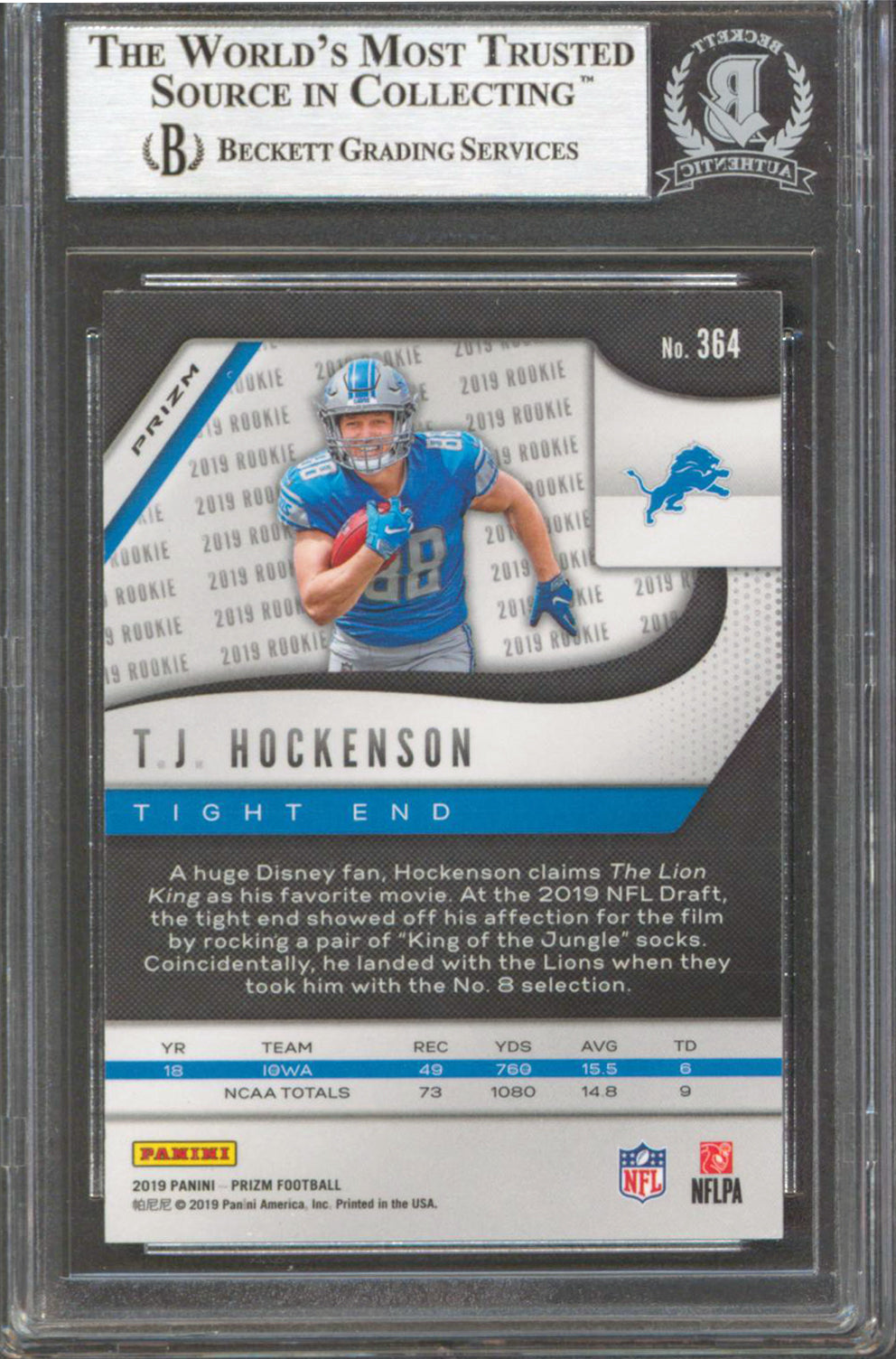 Lions T.J. Hockenson Signed 2019 Panini Prizm Prizms RW&B #364 RC BAS Slabbed