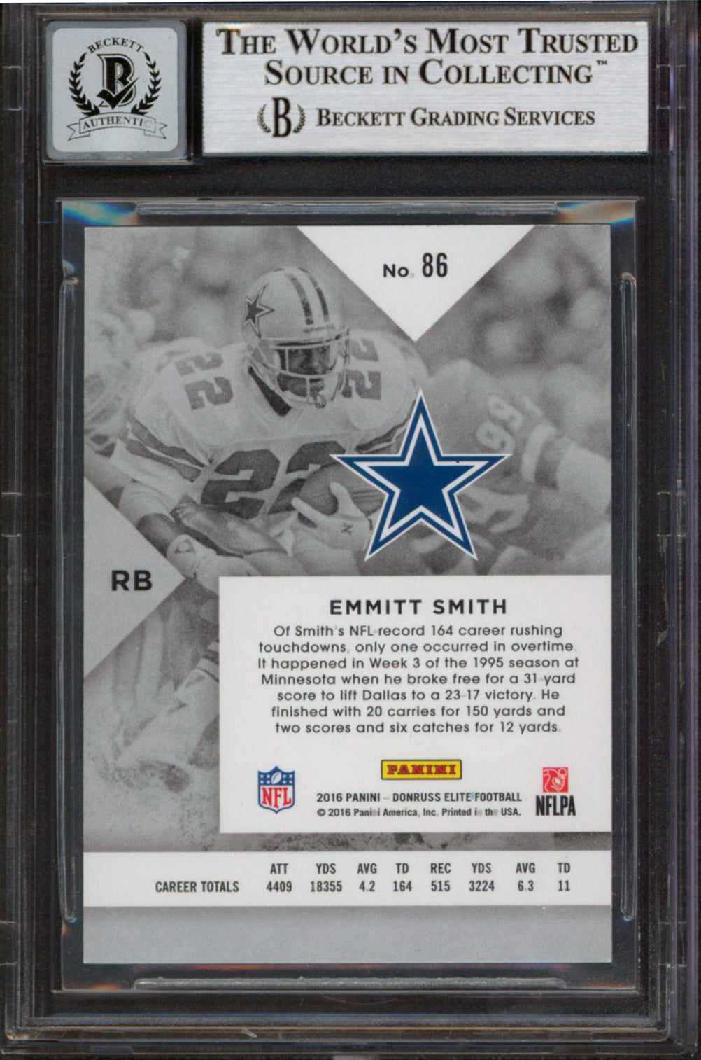 Cowboys Emmitt Smith Signed 2016 Elite #86 Card Auto Graded Mint 10! BAS Slabbed