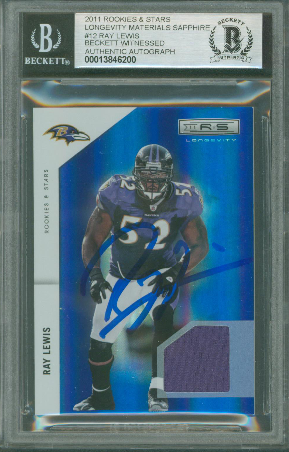 Ravens Ray Lewis Signed 2011 Rookies & Stars LM Sapphire Card BAS Slabbed