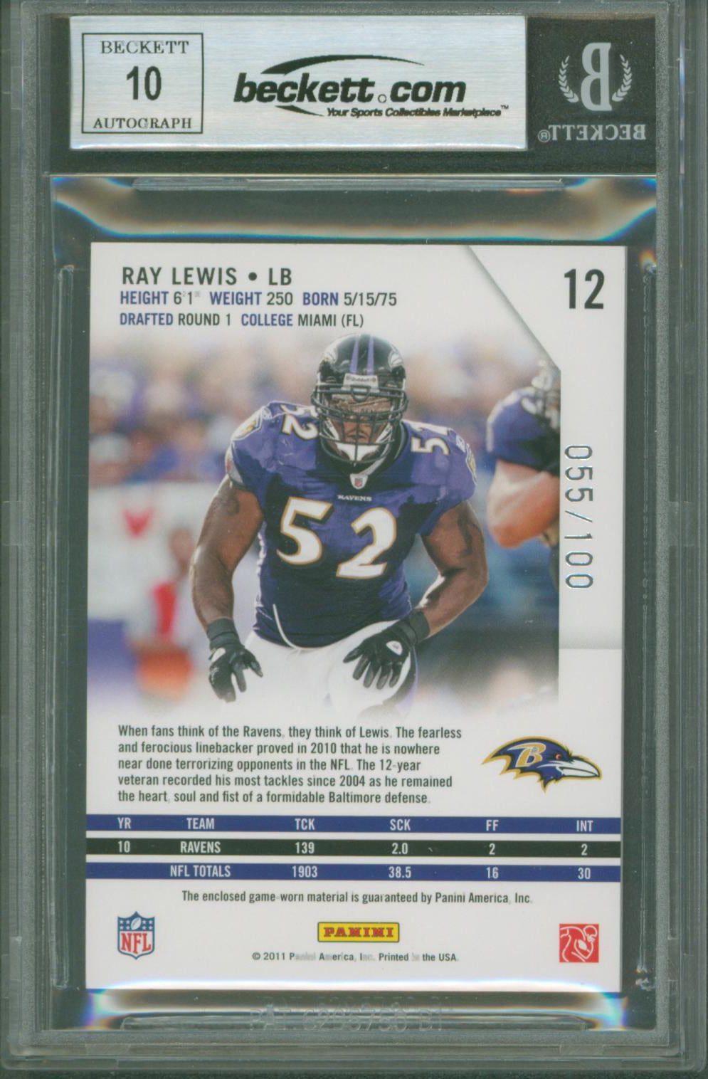 Ravens Ray Lewis Signed 2011 Rookies & Stars LM Sapphire Card BAS Slabbed