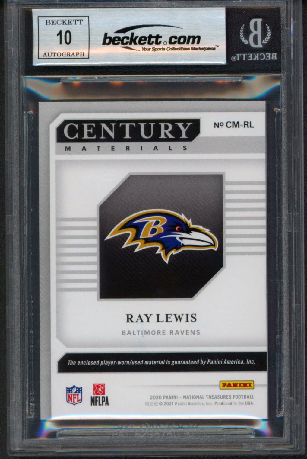 Ray Lewis Signed 2020 National Treasures Century #77 06/99 Card Auto 10 BAS Slab