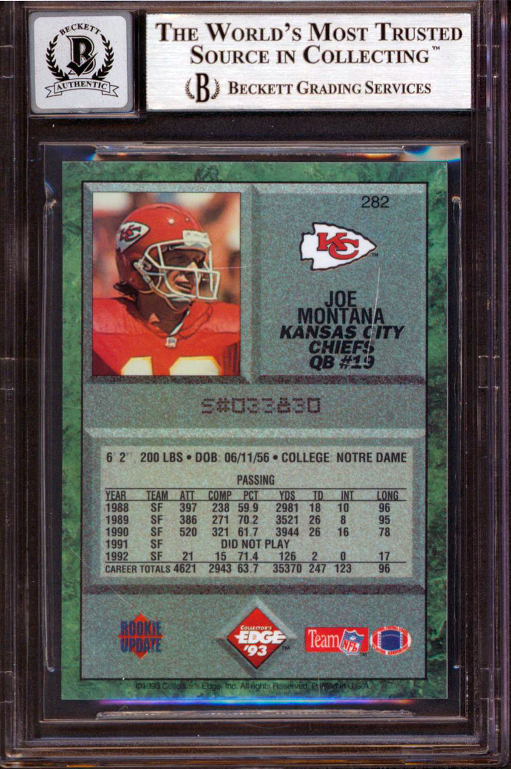Chiefs Joe Montana Signed 1993 Collector's Edge #282 Card Auto 10! BAS Slabbed