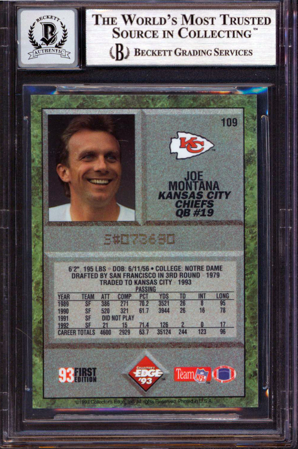 Chiefs Joe Montana Signed 1993 Collector's Edge #109 Card Auto 10! BAS Slabbed