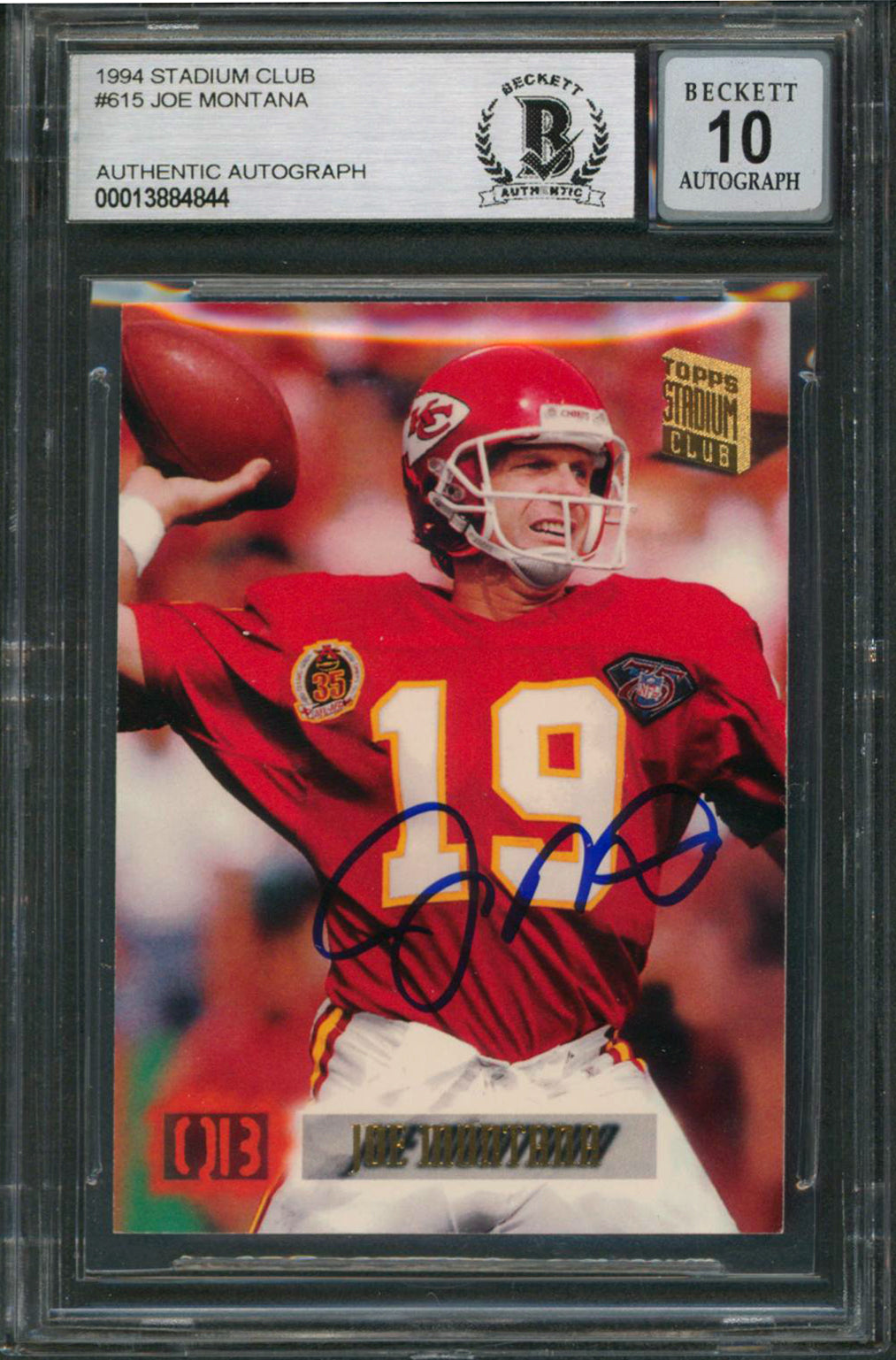 Chiefs Joe Montana Signed 1994 Stadium Club #615 Card Auto 10! BAS Slabbed