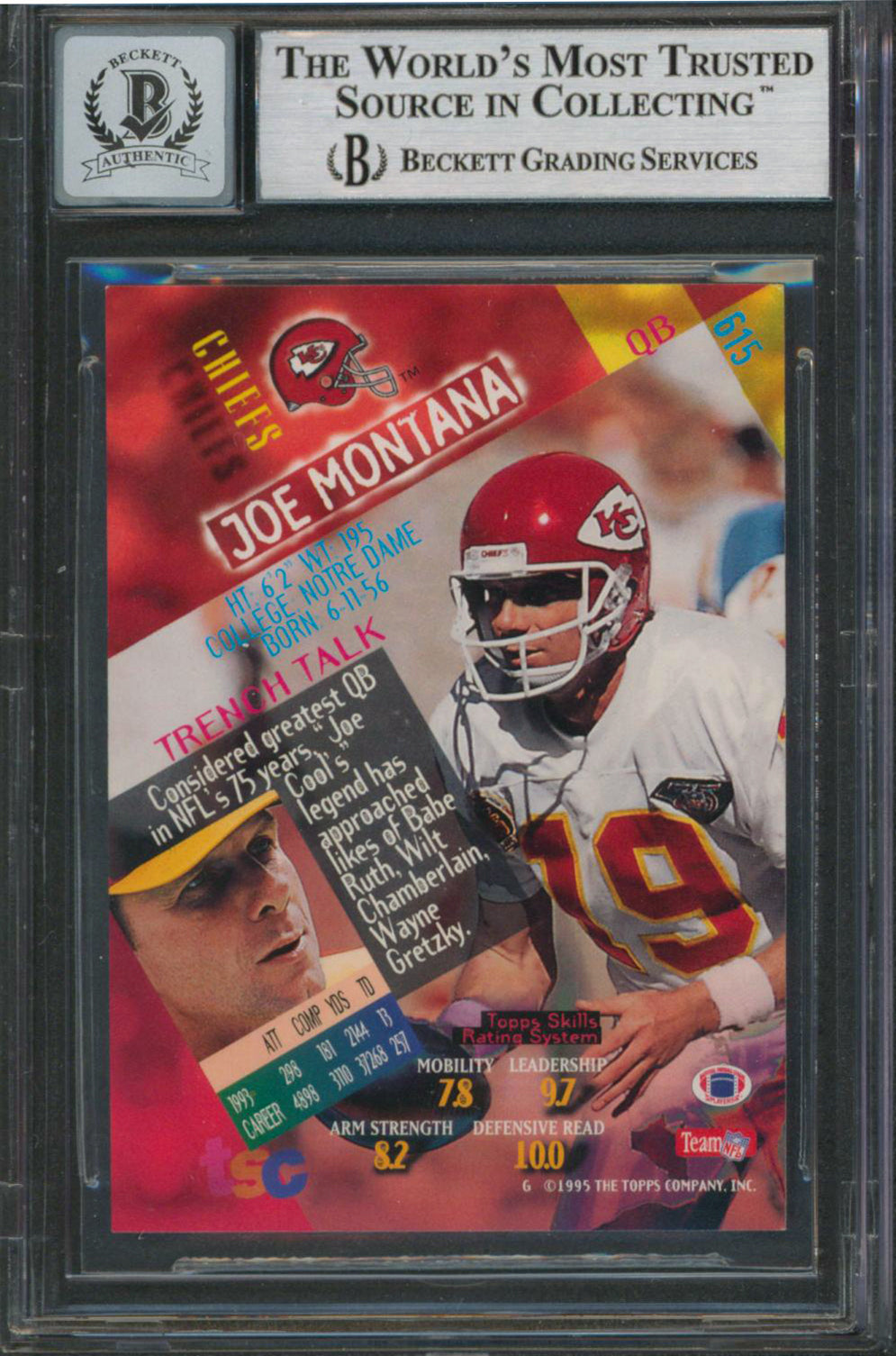 Chiefs Joe Montana Signed 1994 Stadium Club #615 Card Auto 10! BAS Slabbed