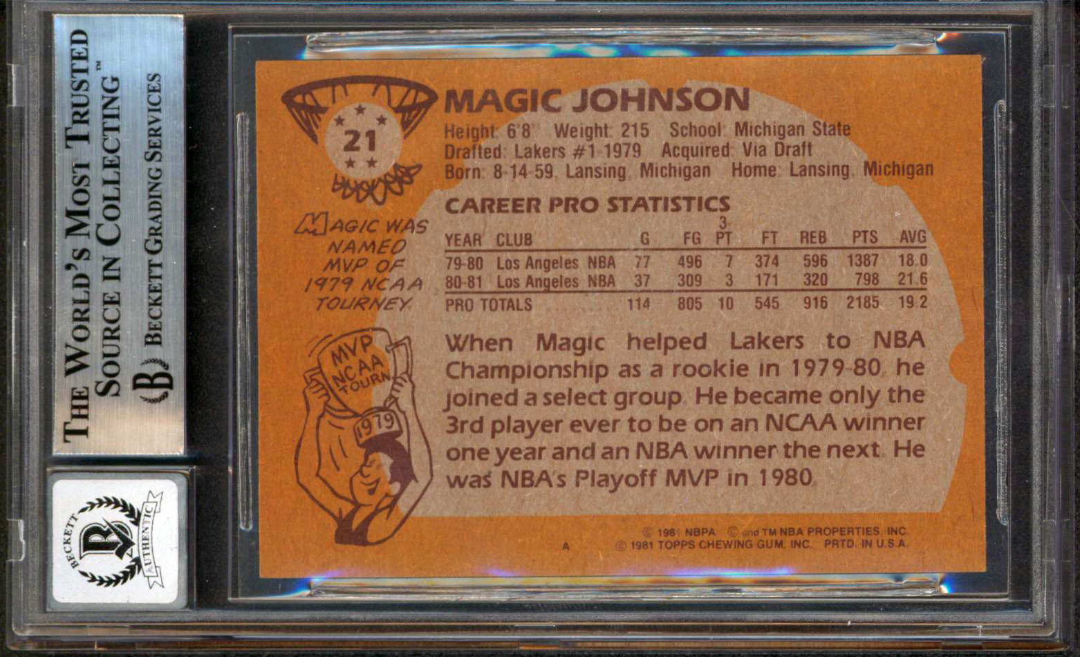 Magic Johnson "HOF 02" Signed 1981 Topps #21 Card Auto 10! BAS Slab #13630881