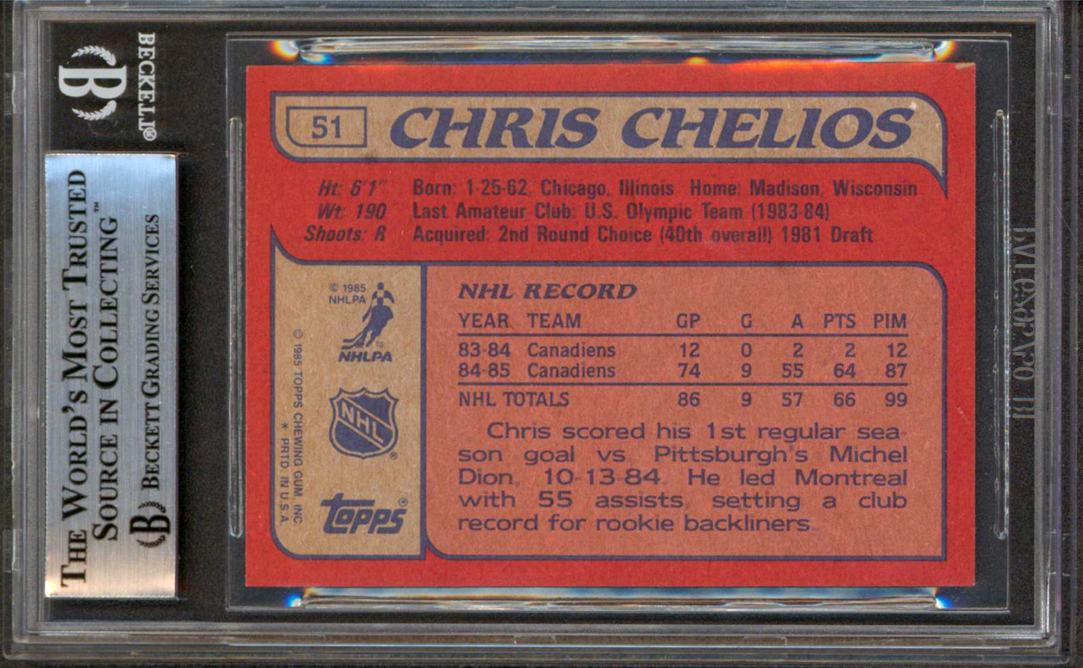 Canadiens Chris Chelios Authentic Signed 1985 Topps #51 Card BAS Slabbed