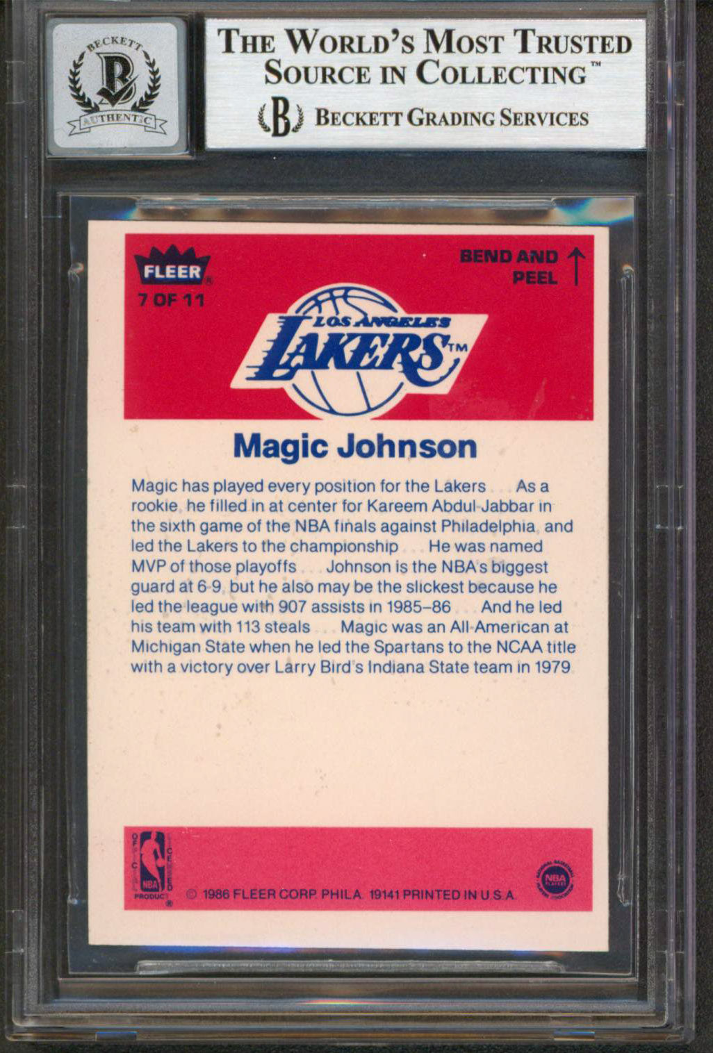 Lakers Magic Johnson Signed 1986 Fleer Stickers #7 Card Auto 10! BAS Slabbed