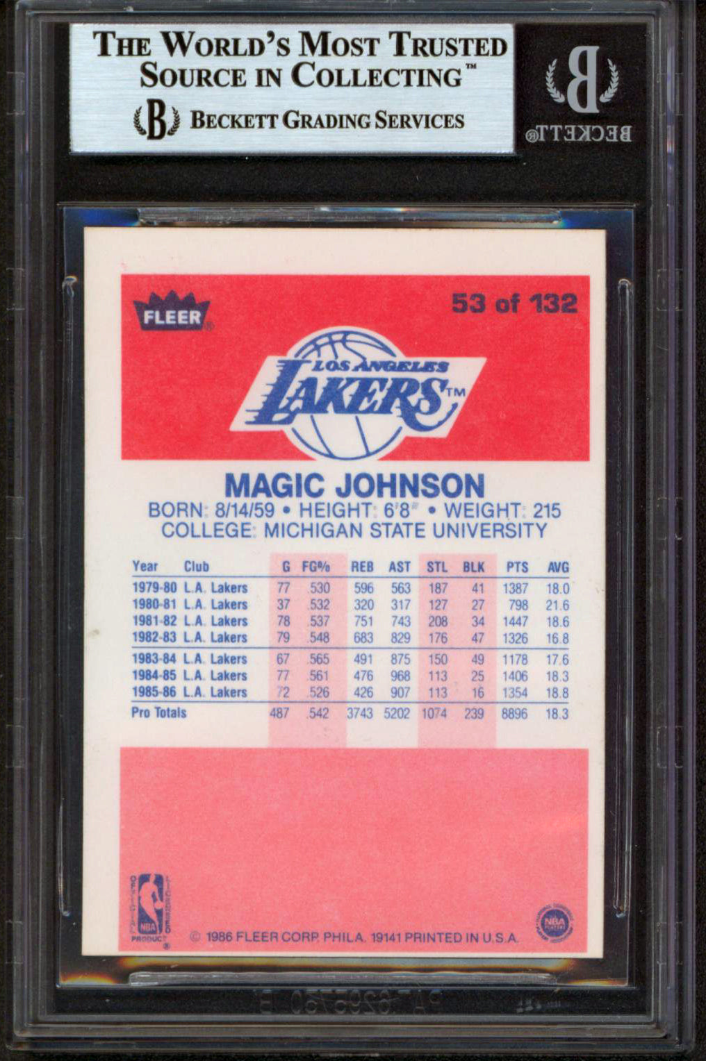 Lakers Magic Johnson Authentic Signed 1986 Fleer #53 Card BAS Slabbed