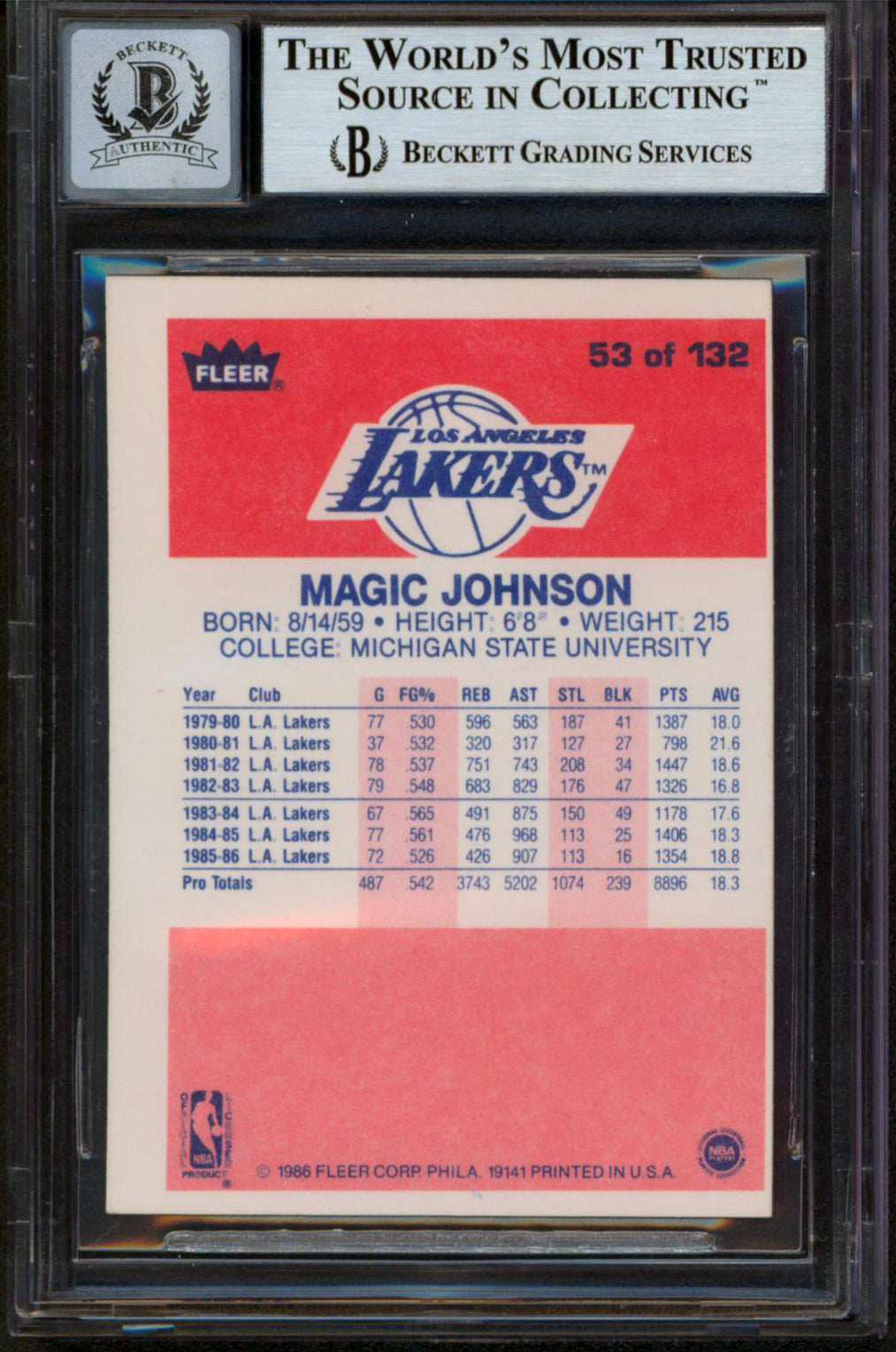Lakers Magic Johnson Authentic Signed 1986 Fleer #53 Card Auto 10! BAS Slabbed