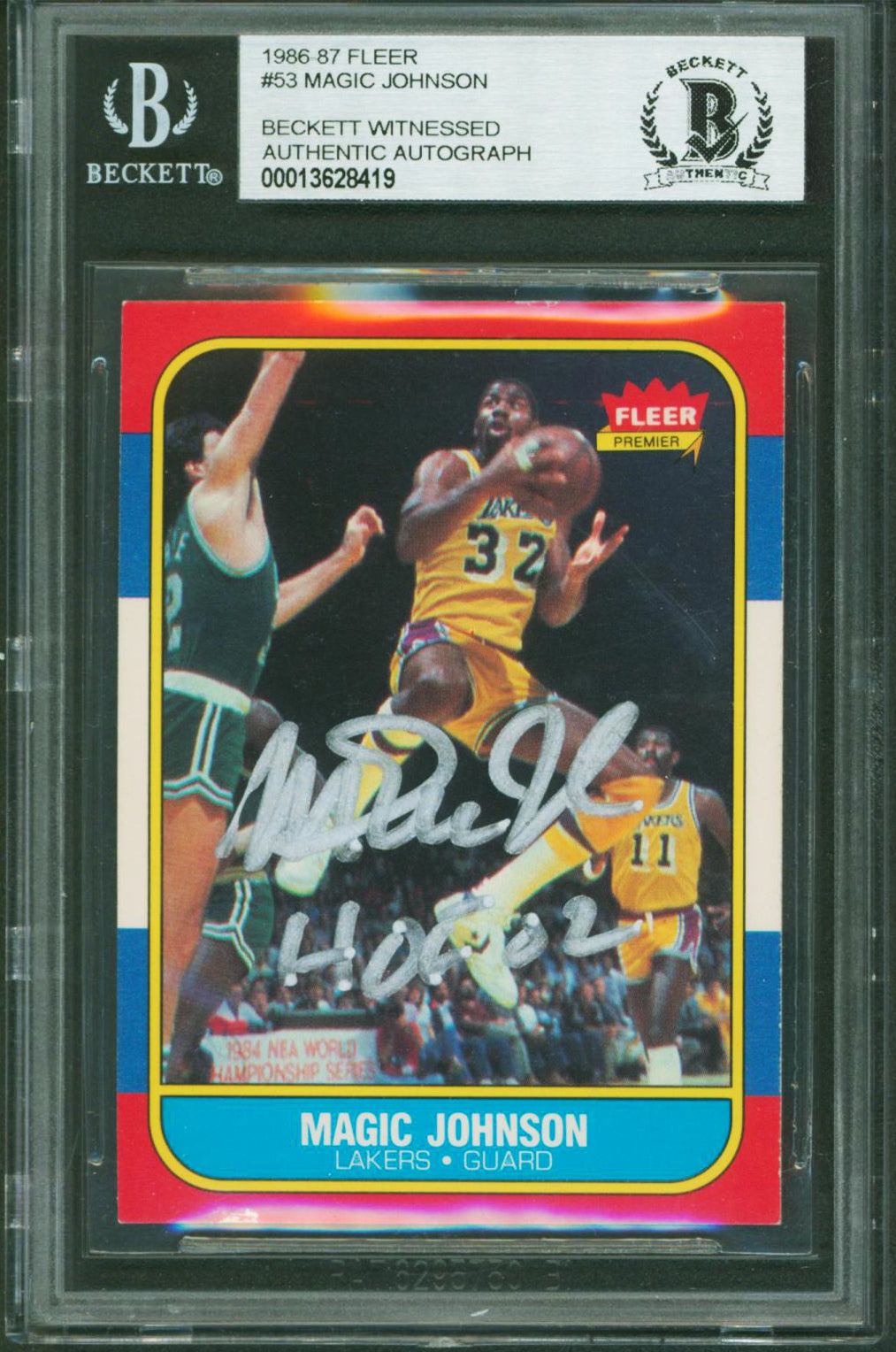 Lakers Magic Johnson "HOF 02" Authentic Signed 1986 Fleer #53 Card BAS Slabbed
