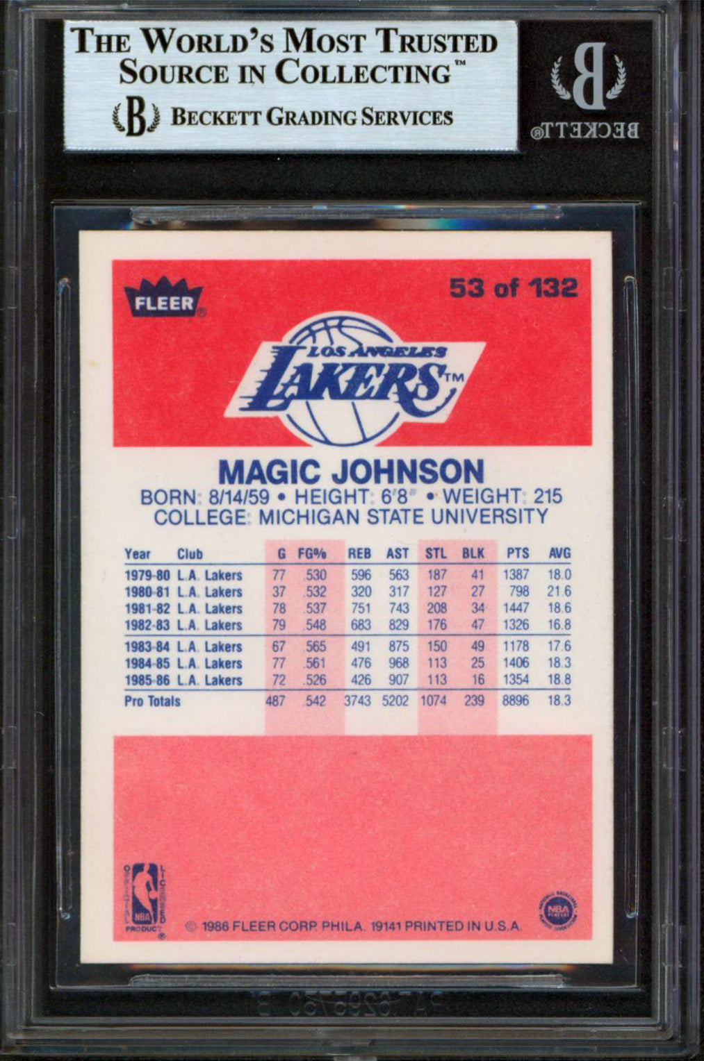 Lakers Magic Johnson "HOF 02" Authentic Signed 1986 Fleer #53 Card BAS Slabbed