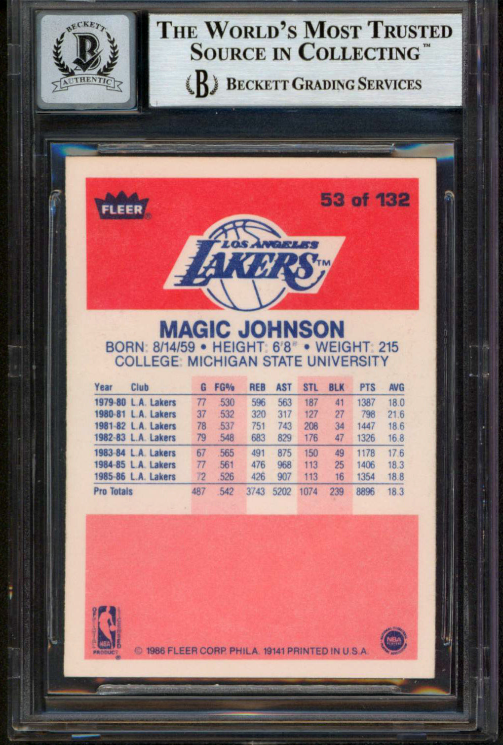 Lakers Magic Johnson "HOF 02" Signed 1986 Fleer #53 Card Auto 10! BAS Slabbed