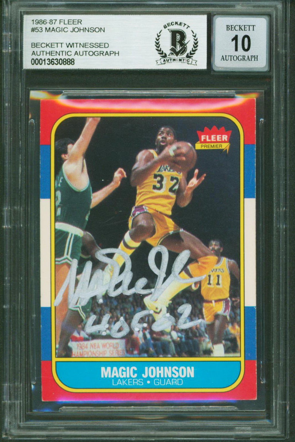 Lakers Magic Johnson "HOF 02" Signed 1986 Fleer #53 Card Auto 10! BAS Slabbed