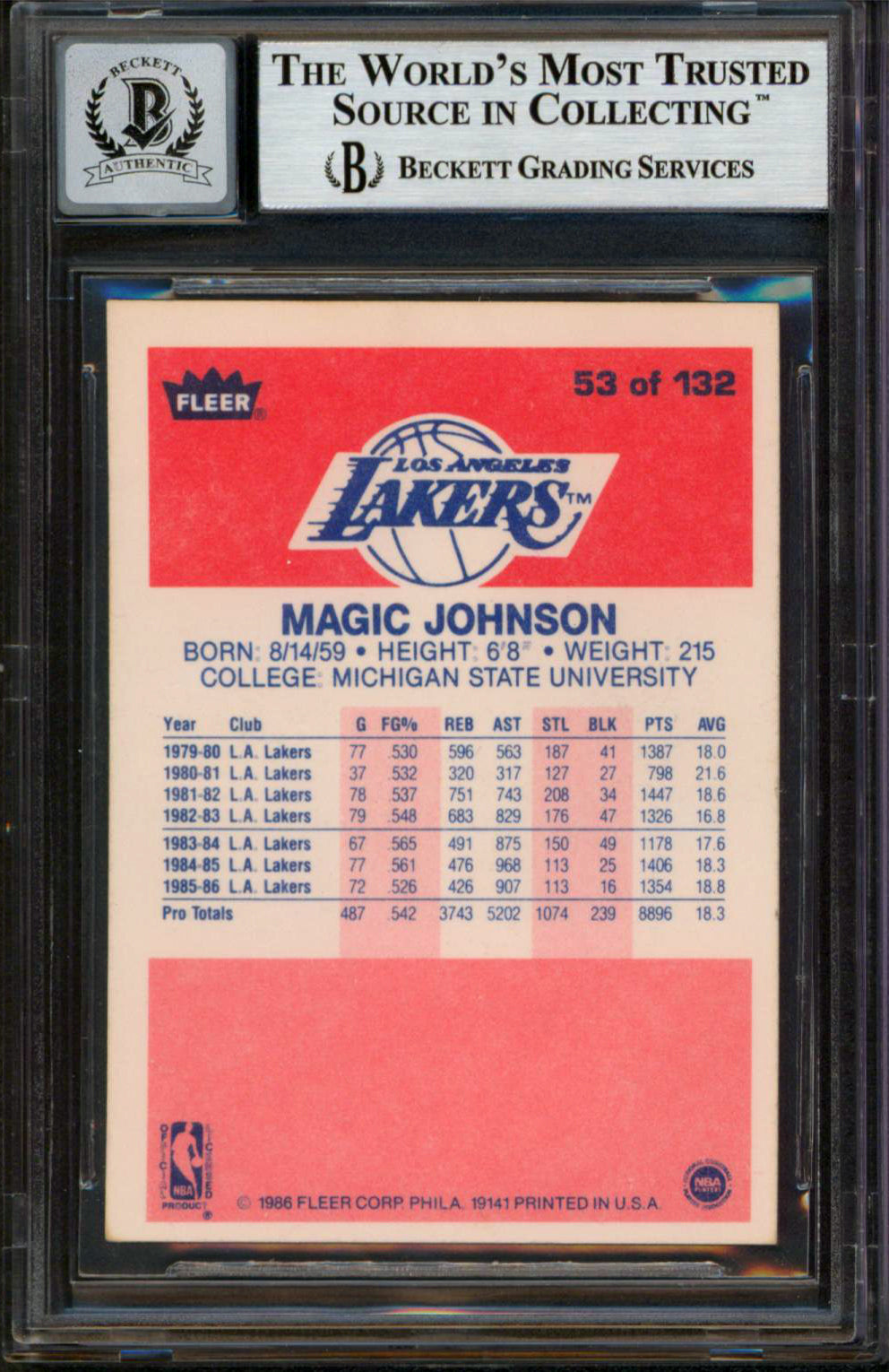 Lakers Magic Johnson "HOF 02" Signed 1986 Fleer #53 Card Auto 10! BAS Slabbed