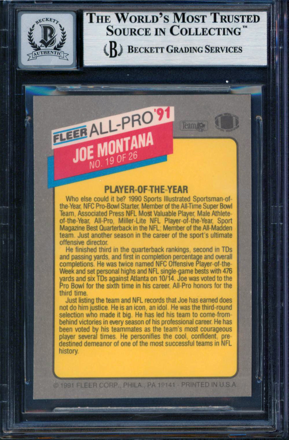 49ers Joe Montana Signed 1991 Fleer All Pros #19 Card Auto 10! BAS Slabbed