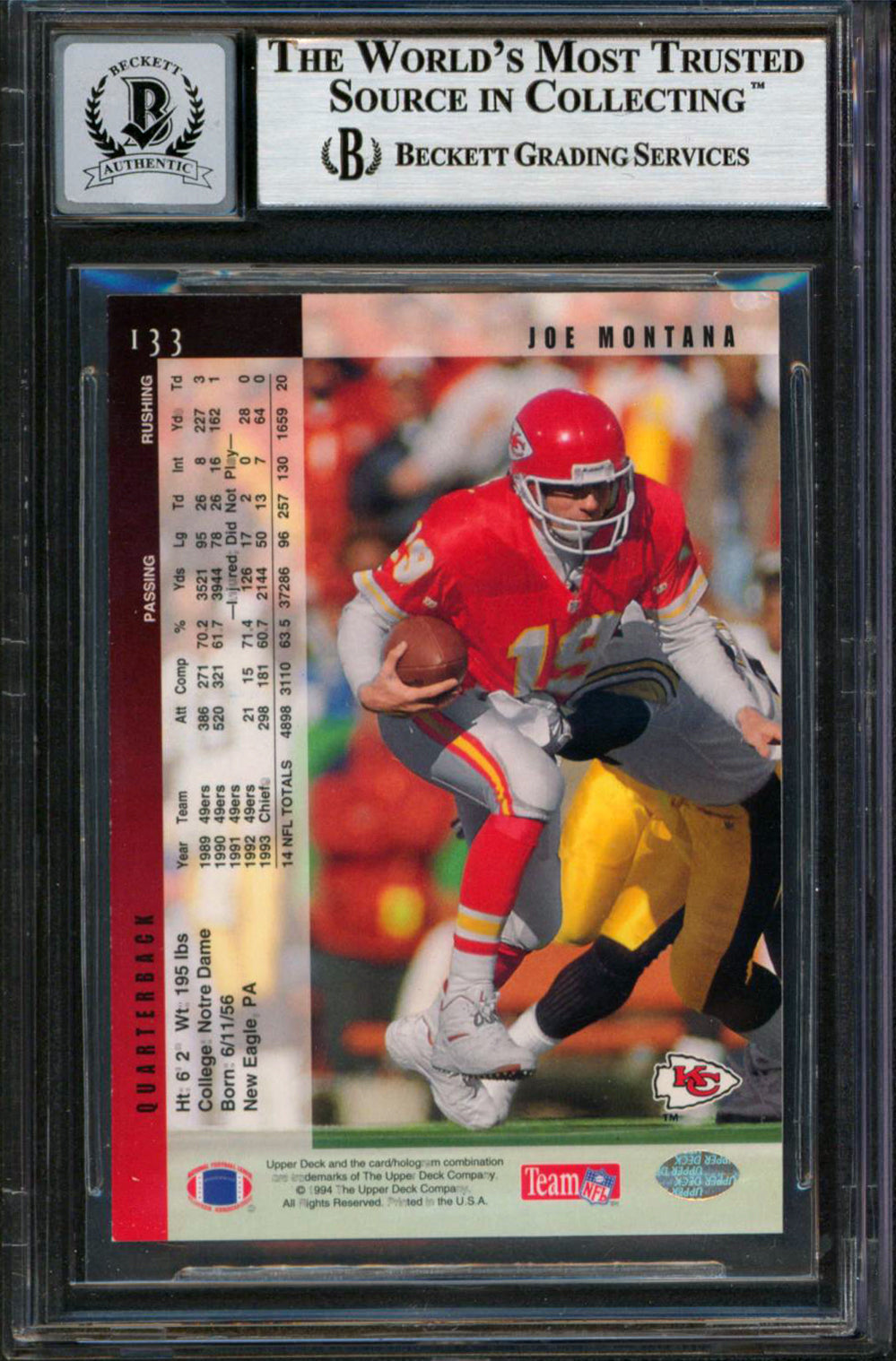 Chiefs Joe Montana Authentic Signed 1994 Upper Deck #133 Card Auto 10! BAS Slab