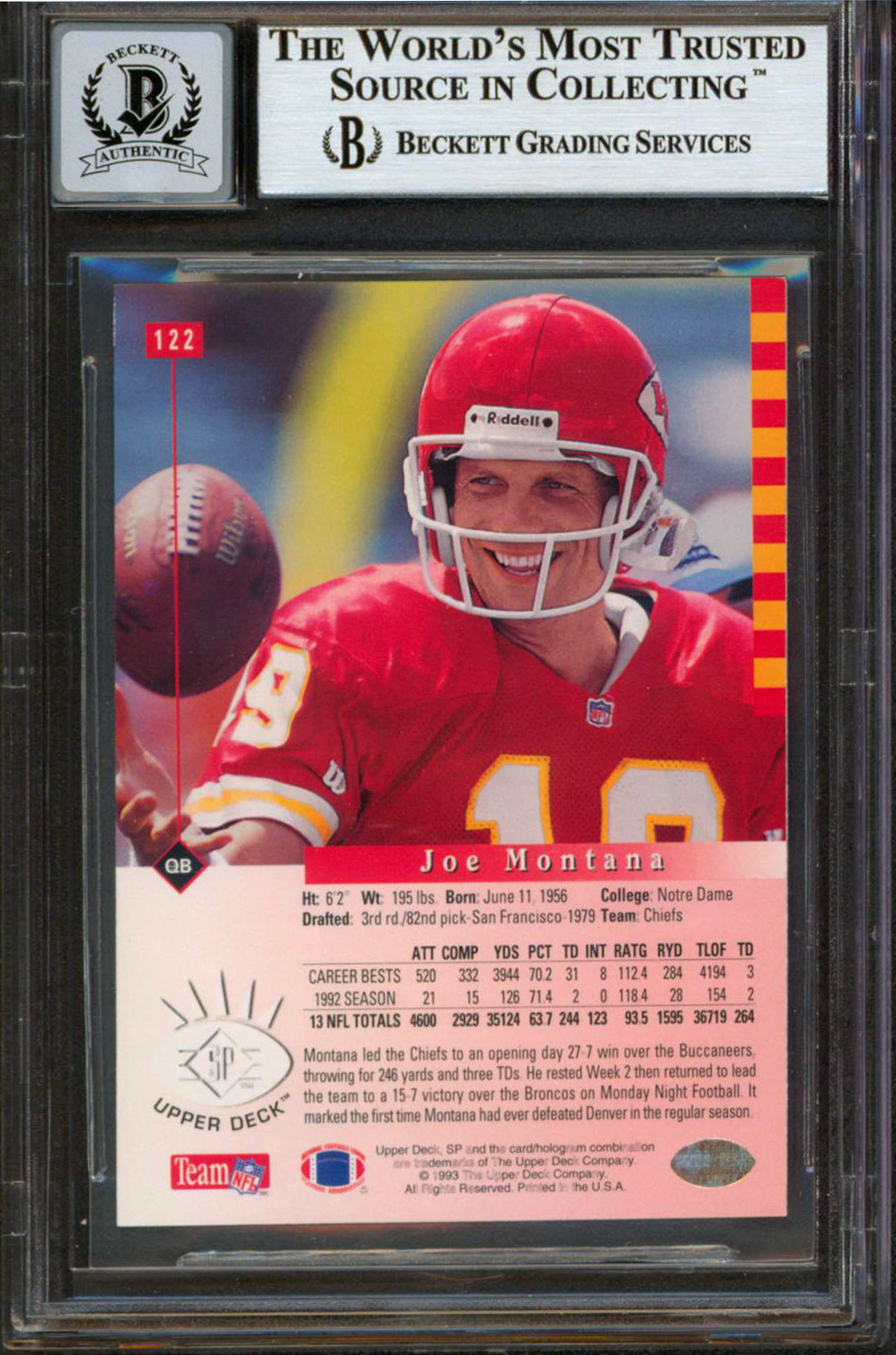 Chiefs Joe Montana Authentic Signed 1993 SP #122 Card Auto 10! BAS Slabbed