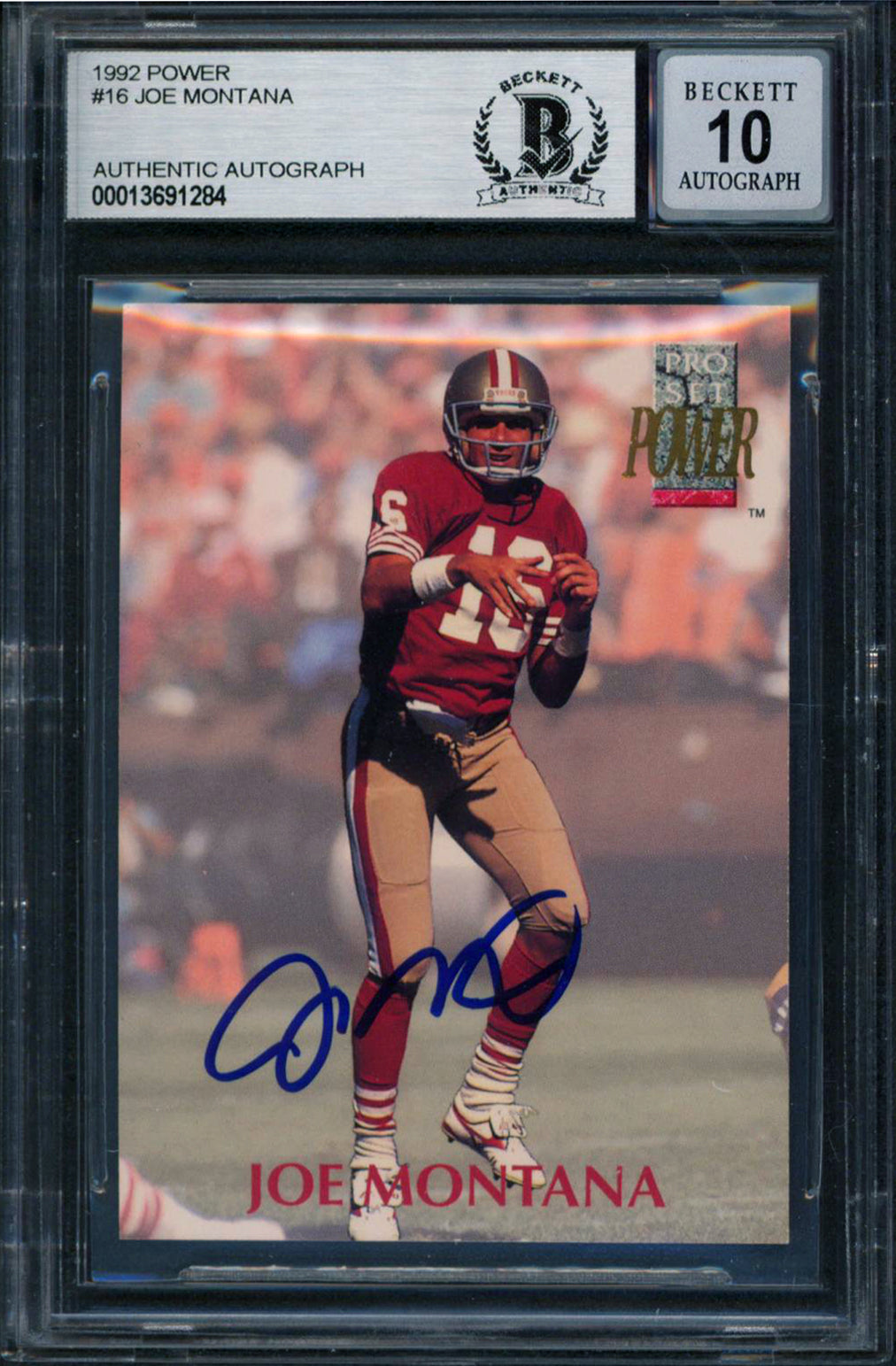 49ers Joe Montana Authentic Signed 1992 Power #16 Card Auto 10! BAS Slabbed