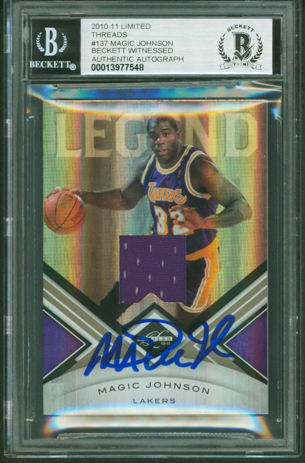 Magic Johnson Signed 2010 Limited Threads #137 134/199 Card Auto 10! BAS Slabbed