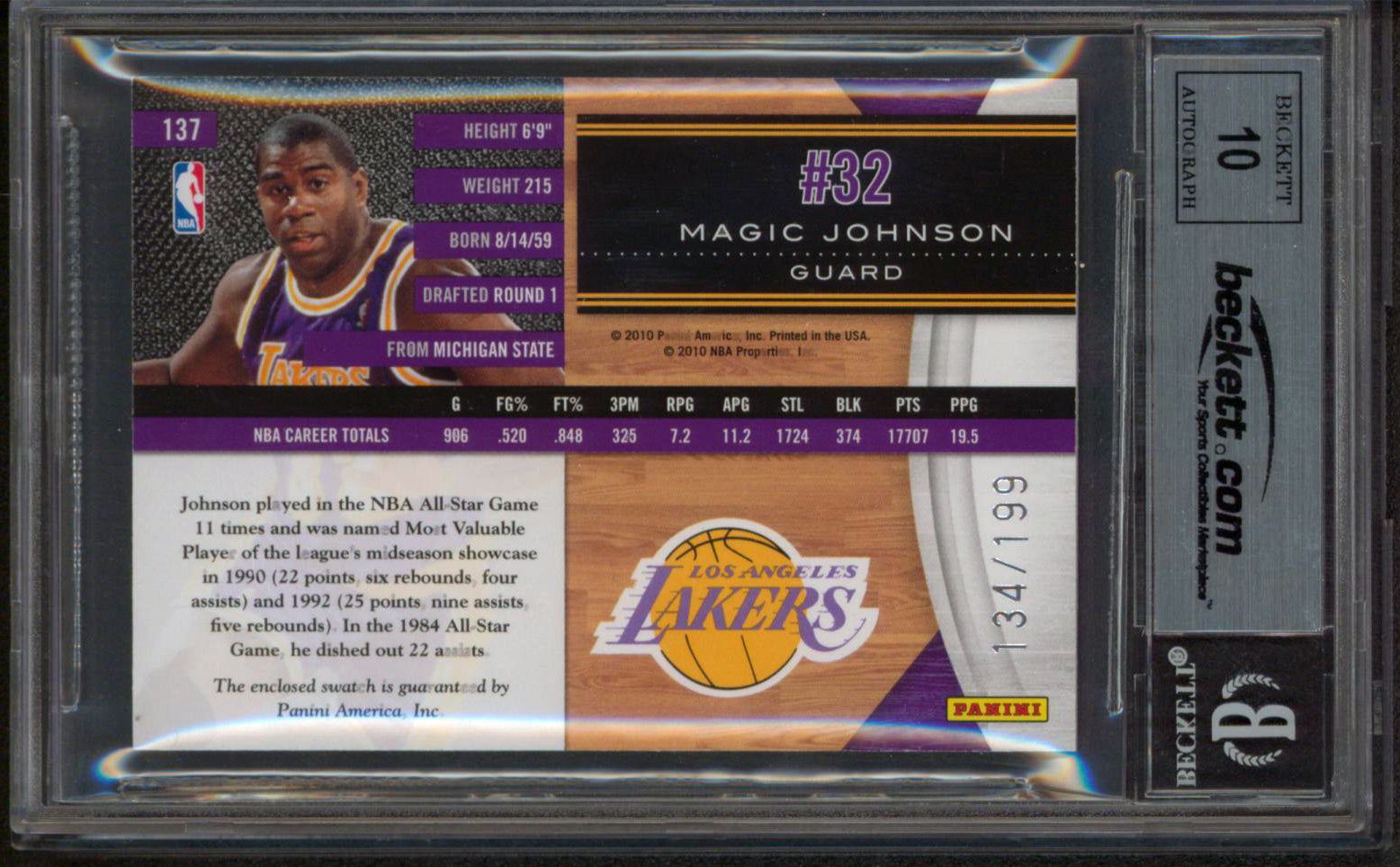 Magic Johnson Signed 2010 Limited Threads #137 134/199 Card Auto 10! BAS Slabbed
