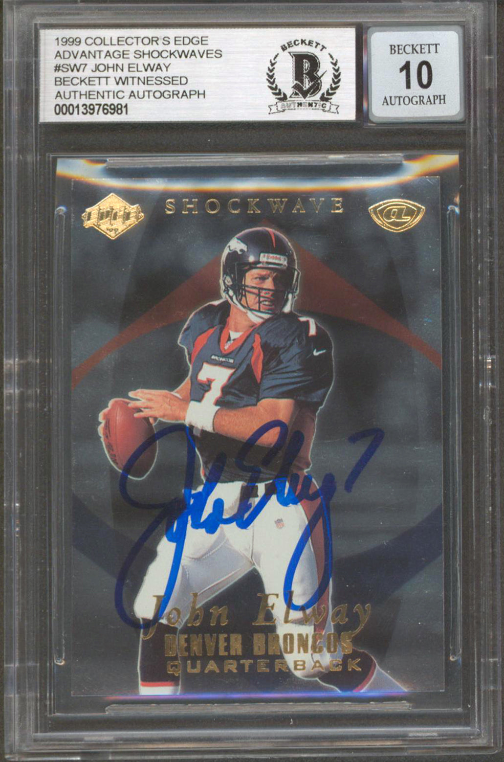 Broncos John Elway Signed 1999 CE Adv Shockwaves #SW7 Card Auto 10! BAS Slabbed