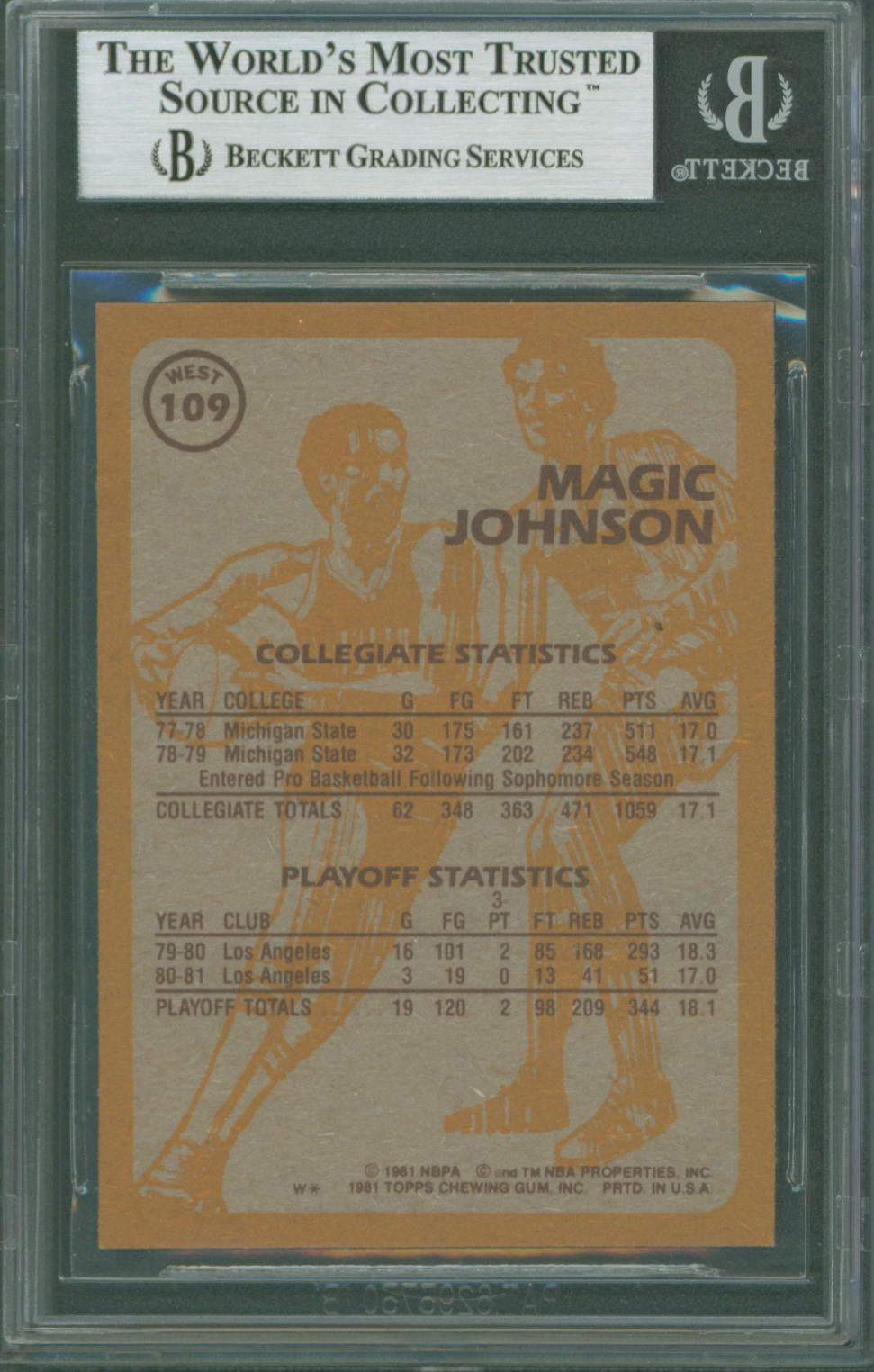 Lakers Magic Johnson Authentic Signed 1981 Topps #W109 Card BAS Slabbed