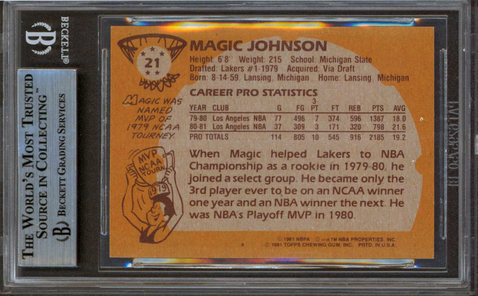 Lakers Magic Johnson Signed 1981 Topps #21 Card Autographed BAS Slab