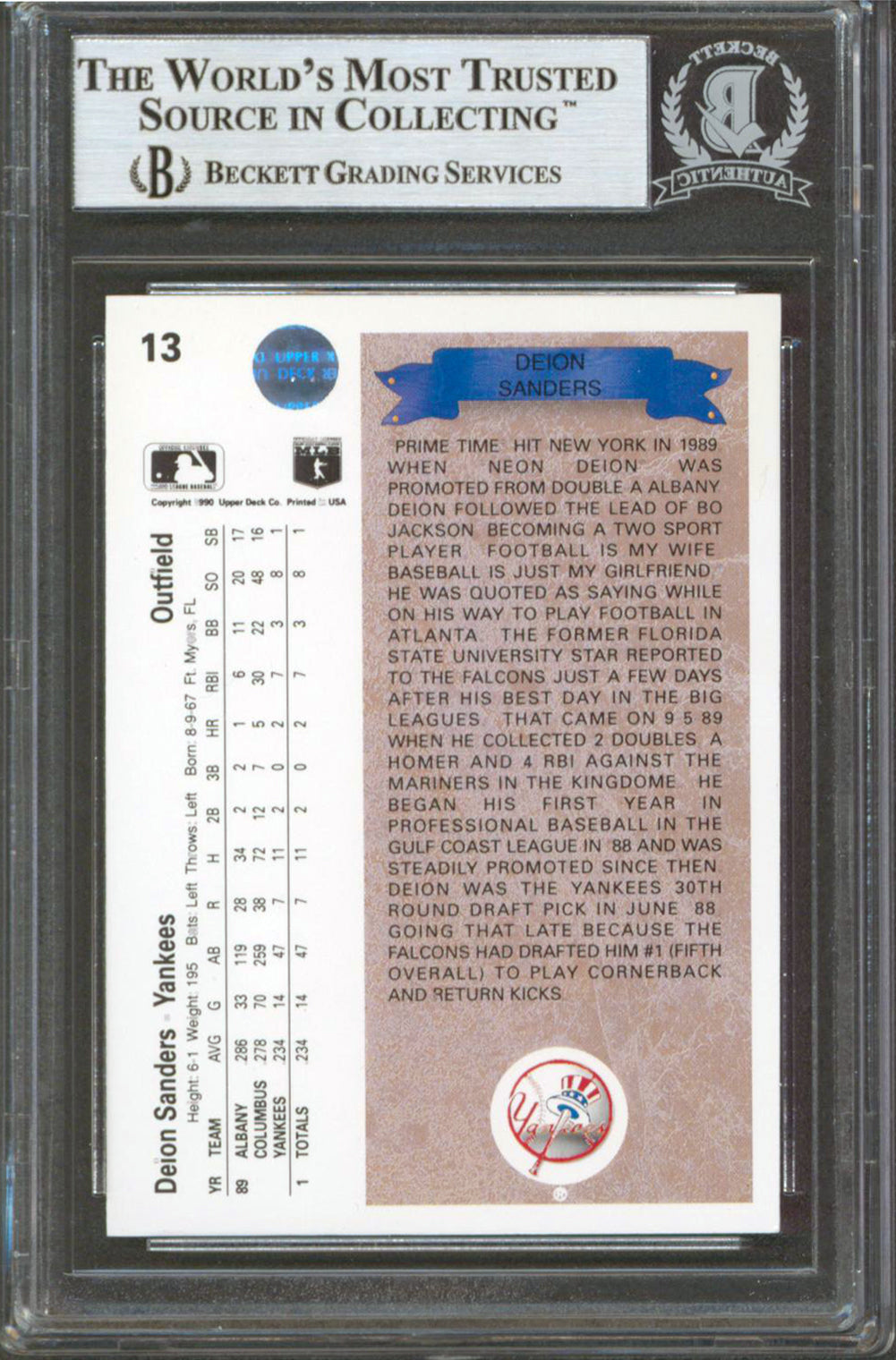 Cowboys Deion Sanders Authentic Signed 1990 Upper Deck #13 Card BAS Slabbed