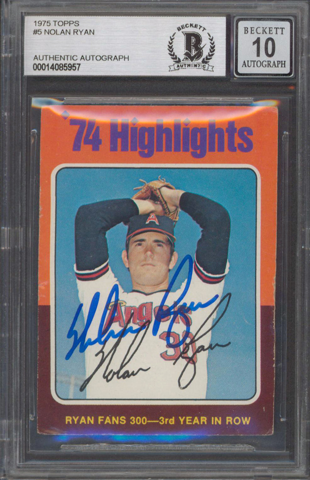 Angels Nolan Ryan Authentic Signed 1975 Topps #5 Card Auto Grade 10! BAS Slabbed