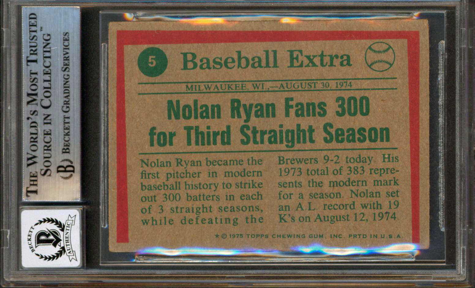 Angels Nolan Ryan Authentic Signed 1975 Topps #5 Card Auto Grade 10! BAS Slabbed