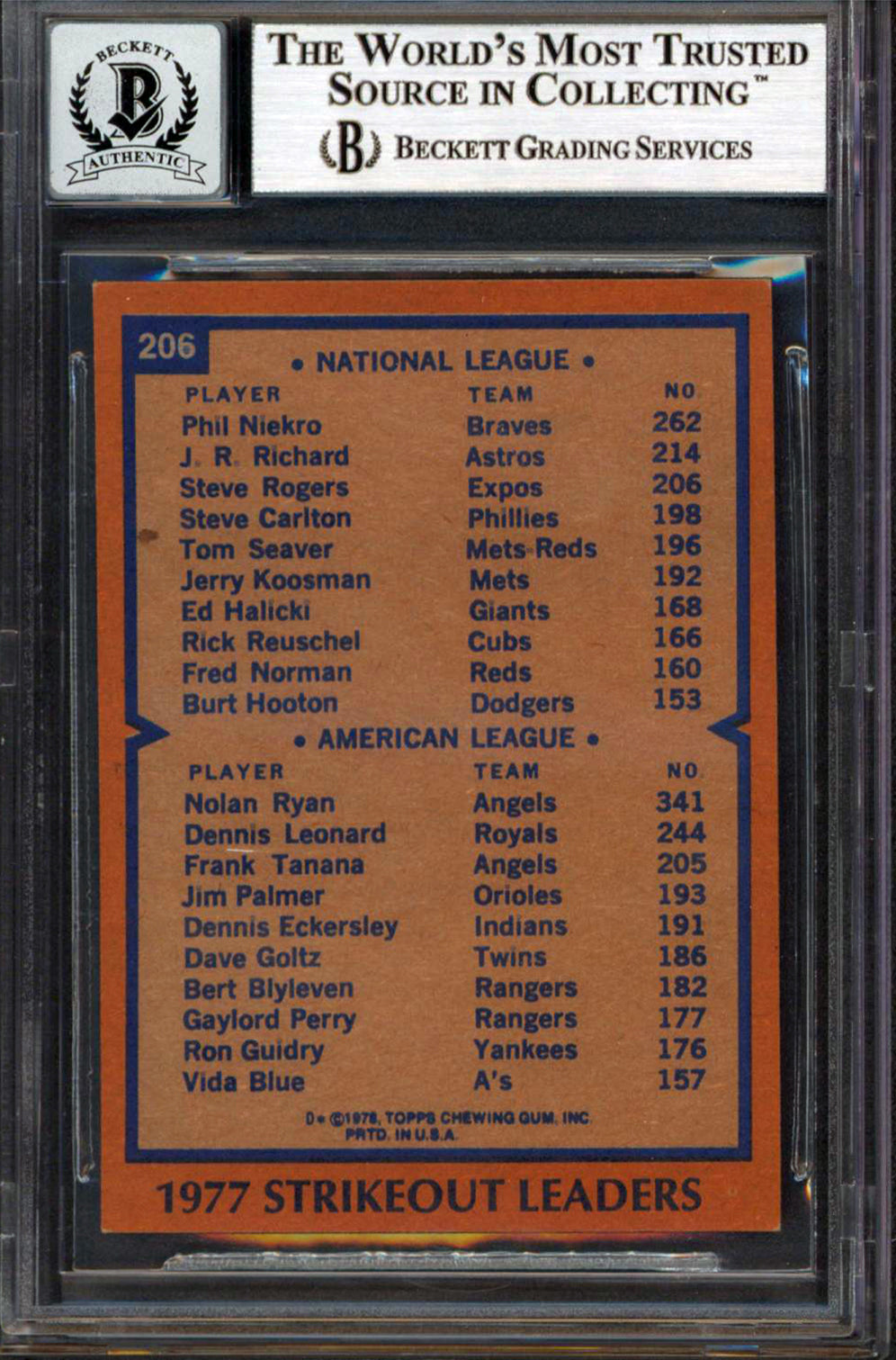 Angels Nolan Ryan Authentic Signed 1978 Topps #206 Card Auto Graded 10! BAS Slab