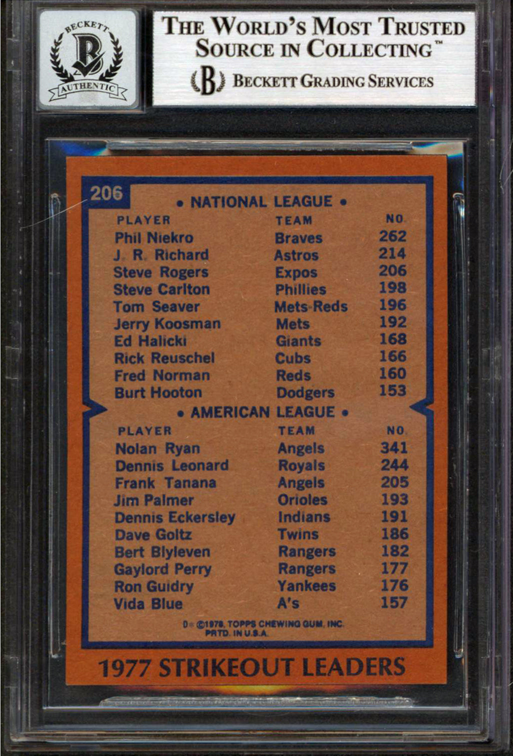 Angels Nolan Ryan Authentic Signed 1978 Topps #206 Card Auto Graded 10! BAS Slab