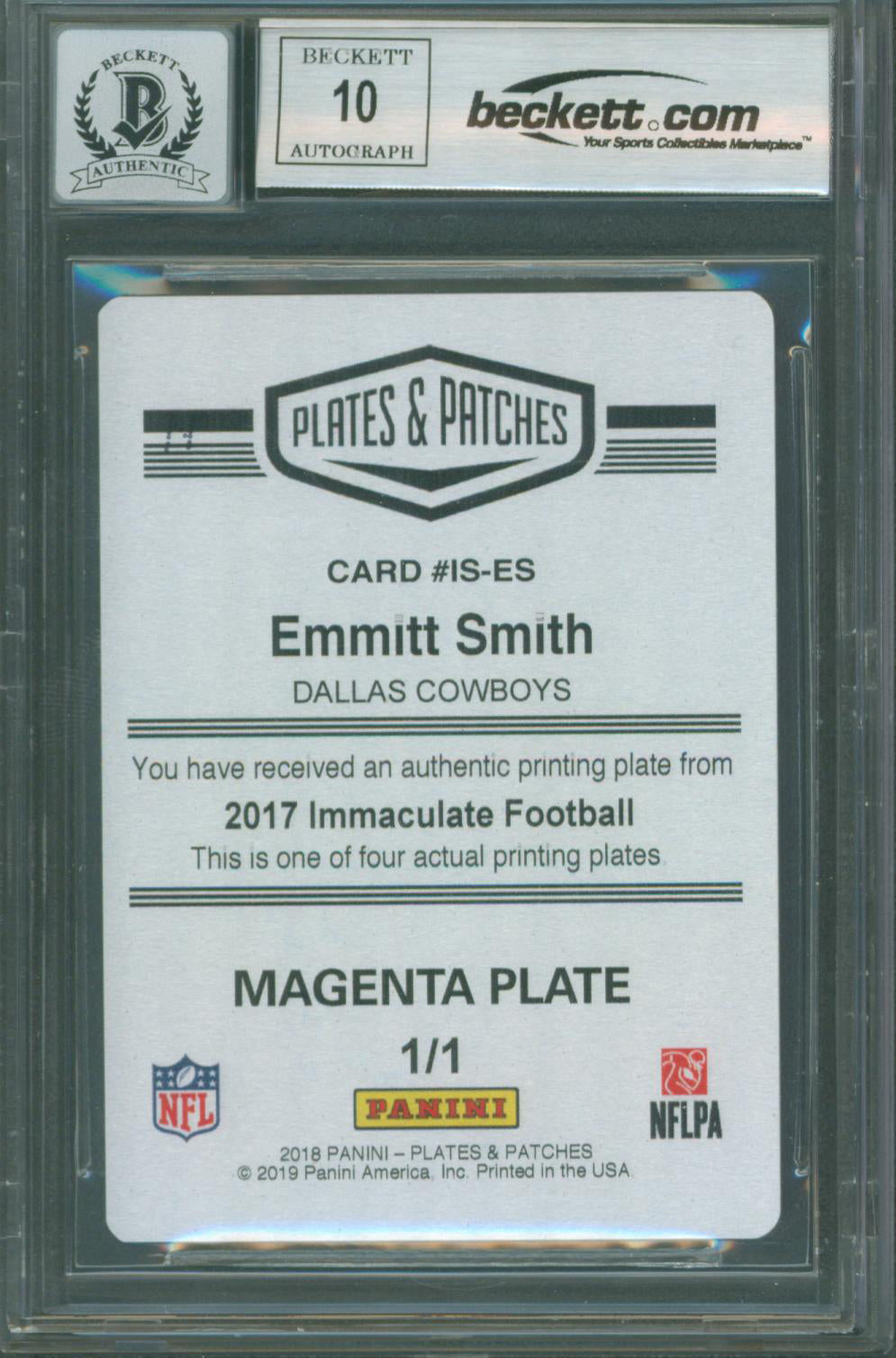 Cowboys Emmitt Smith Signed 2017 Immaculate Collection #9 Card Auto 10! BAS Slab