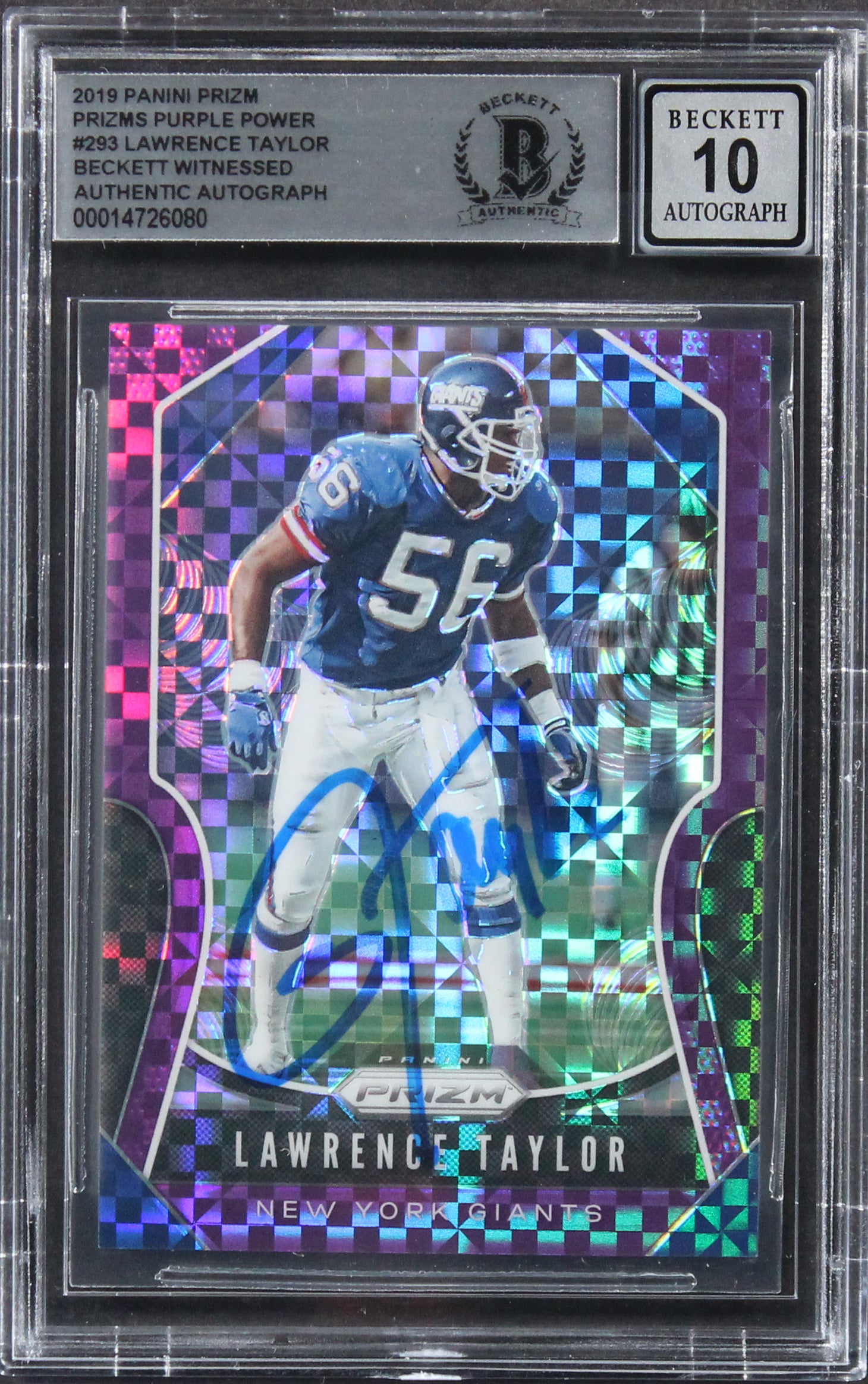 Lawrence Taylor Signed 2019 Panini Prizm Purple Power #293 Card Auto 10 BAS Slab