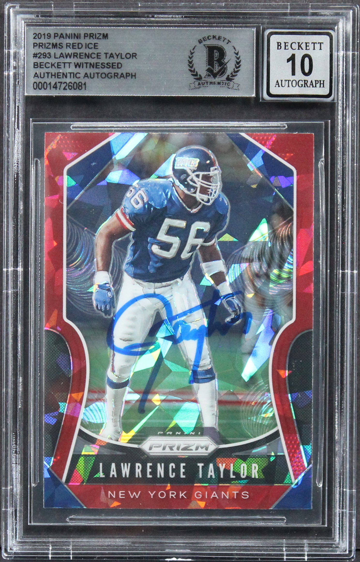 Lawrence Taylor Signed 2019 Panini Prizm Red Ice #293 Card Auto 10! BAS Slabbed