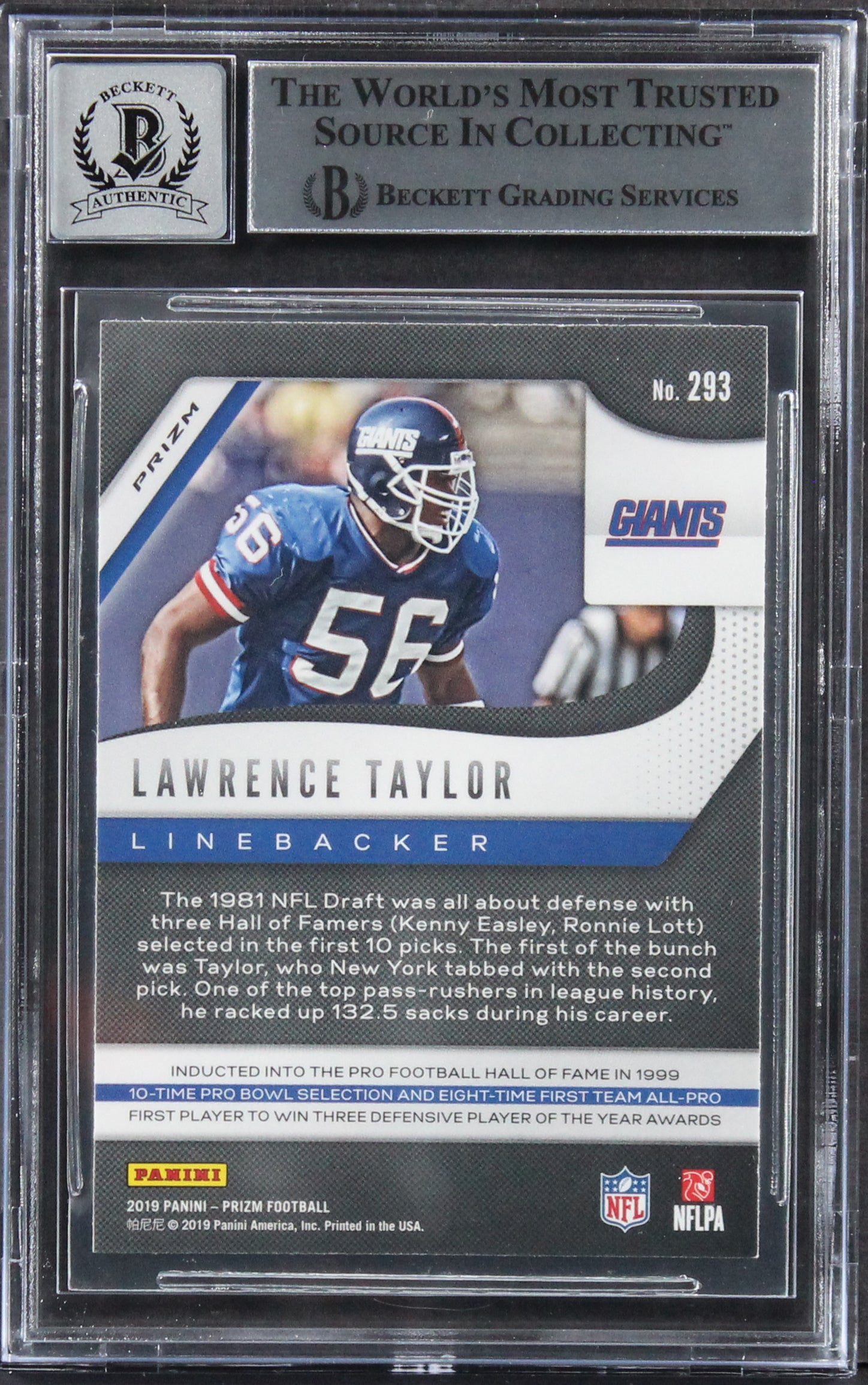 Lawrence Taylor Signed 2019 Panini Prizm Red Ice #293 Card Auto 10! BAS Slabbed